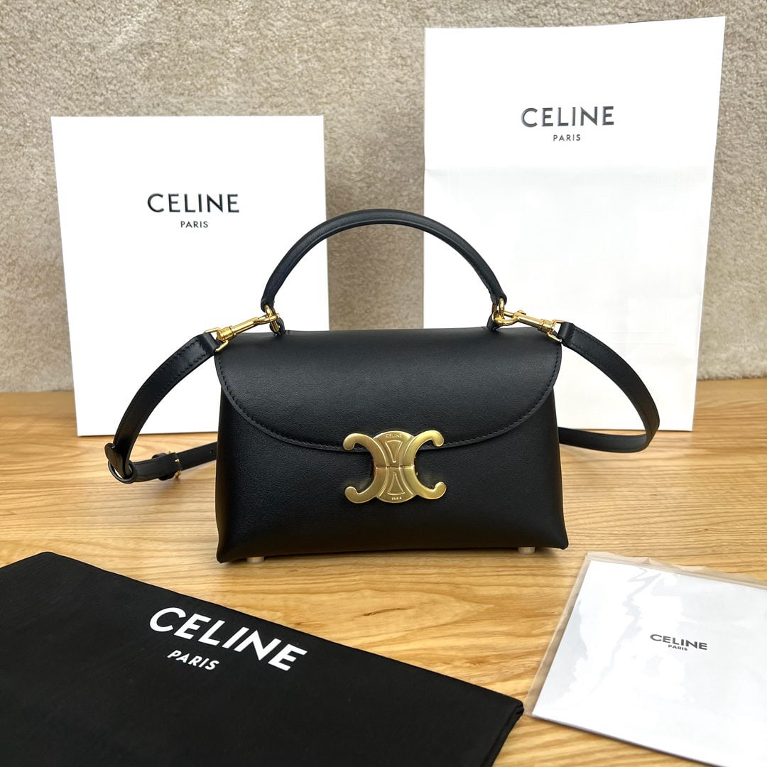 Celine: NINO Small Glossy Calfskin Leather Handbag, 21x13x7 cm, calfskin leather, sheepskin lining with gold tone finish, handles, shoulder bag, and crossbody bag with TRIOMPHE metal lock, 2 compartments, 3 i
