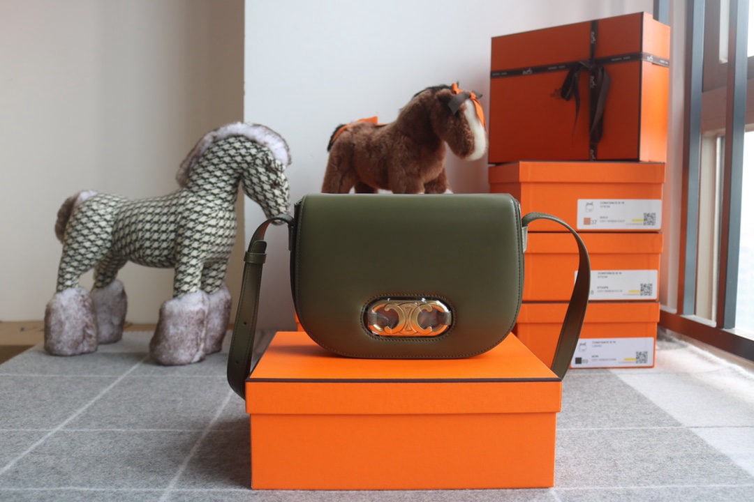 Celine: MAILLON TRIOMPHE Military Green Medium Satin Calfskin Handbag, 9 x 7 x 2 inches (23 x 19 x 6 cm), 100% Calfskin, 100% Lambskin Lined, Crossbody and Shoulder Bag with Magnetic Snap, Interior Flat