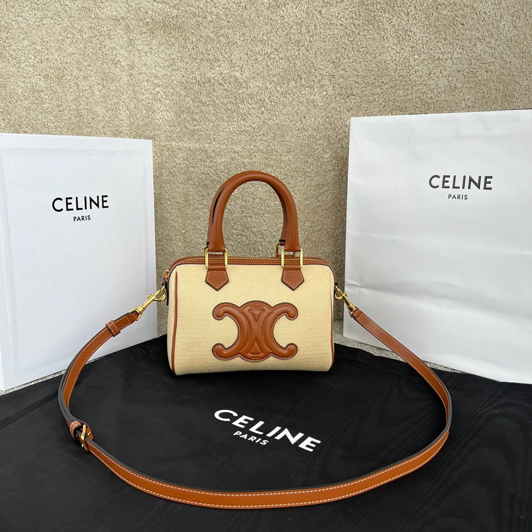 Celine: TRIOMPHE CANVAS Small Logo Wool Leather Boston Bag, featuring cowhide leather trim, fabric lining, zip closure, one main compartment, interior zip pocket, linen brown, dimensions: 20 x 15.5 x 10.5