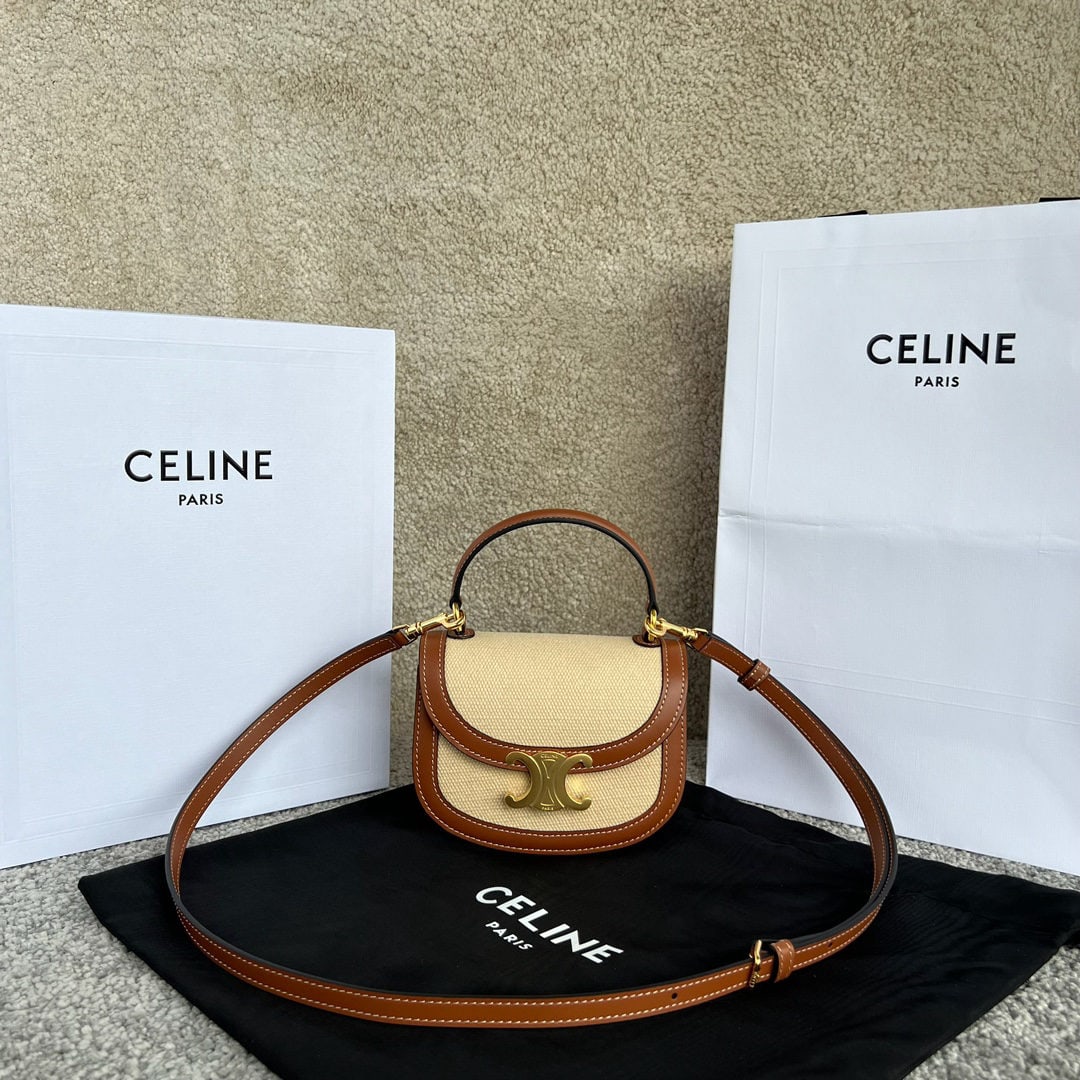 Celine: BESACE TRIOMPHE Mini Fabric Cowhide Handbag, measuring 15.5 x 11.5 x 5 cm. This model cannot accommodate larger smartphones such as the Plus. Features include cowhide leather trim, fabric lining, cros