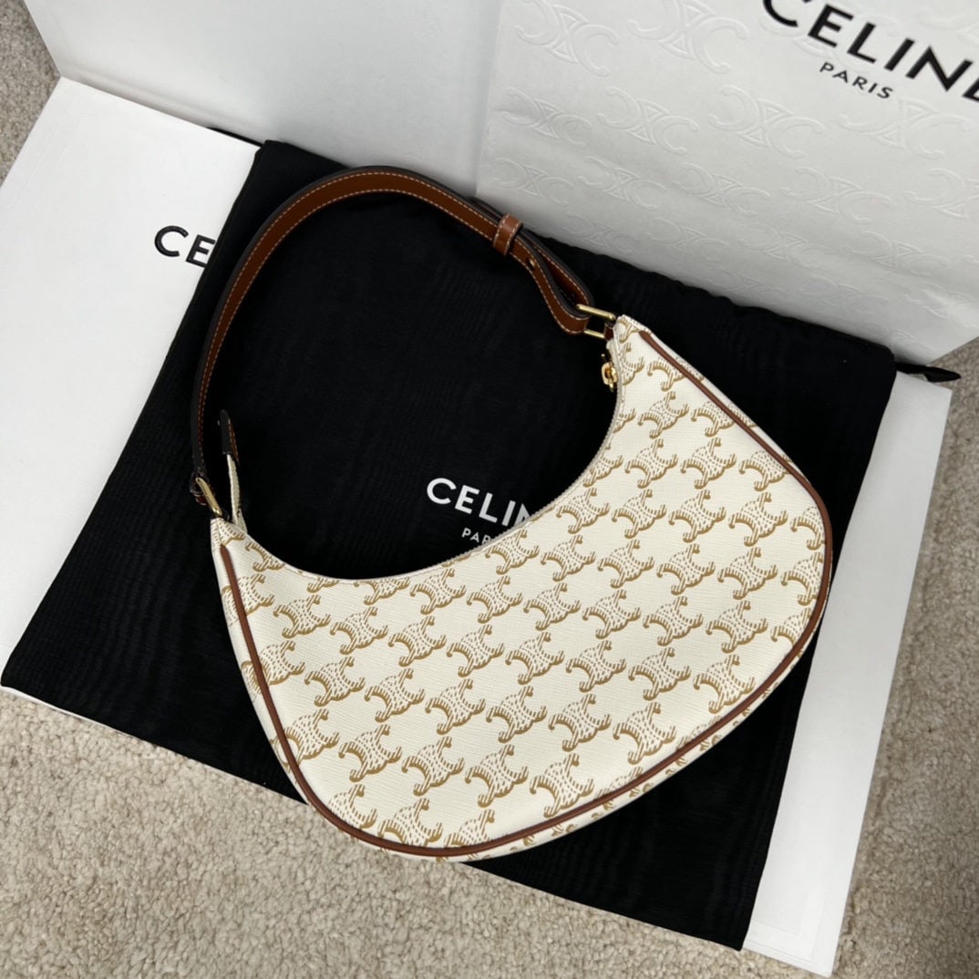 Celine: AVA logo print handbag, white floral print, 9 x 6 x 3 inches (23 x 14 x 7 cm). Made of faux cowhide leather with fabric lining. Shoulder or hand carry. Zip closure. One interior flat pocket.