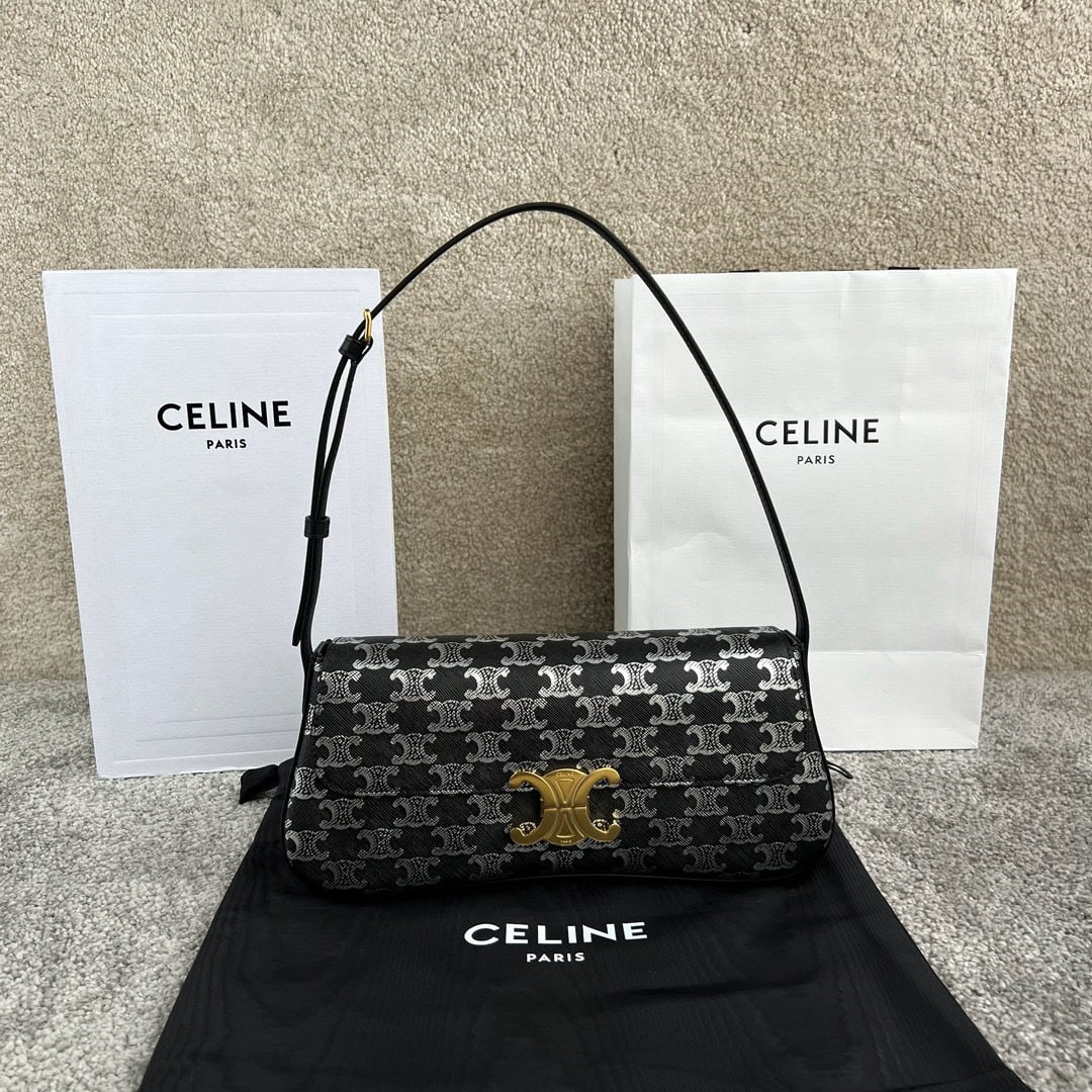 Celine: LOLA Medium Two Tone Logo Print Handbag, 28 x 12 x 5 cm, logo print, cowhide leather trim, sheepskin leather lining, gold tone finish, shoulder carry, TRIOMPHE metal clasp, one main compartment, one