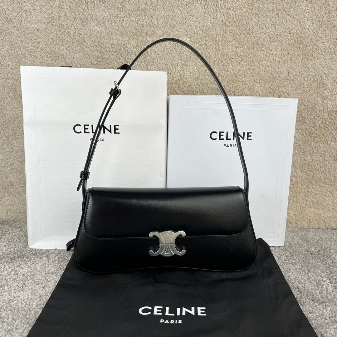 Celine: LOLA Medium Glossy Calfskin Handbag 28 x 12 x 5 cm Calfskin Leather, Sheepskin Lining, Silver Finish, Shoulder Bag with TRIOMPHE Metal Lock, 1 Main Compartment, 1 Interior Flat Pocket, Adjustable