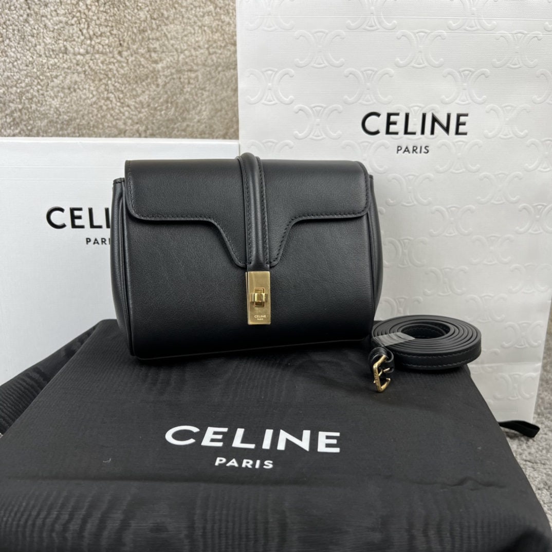Celine: SOFT 16 Mini Smooth Calfskin Handbag, measuring 18x12.5x6 cm. This model can accommodate larger smartphones such as the PLUS. It can be worn crossbody or over the shoulder, features a turn lock