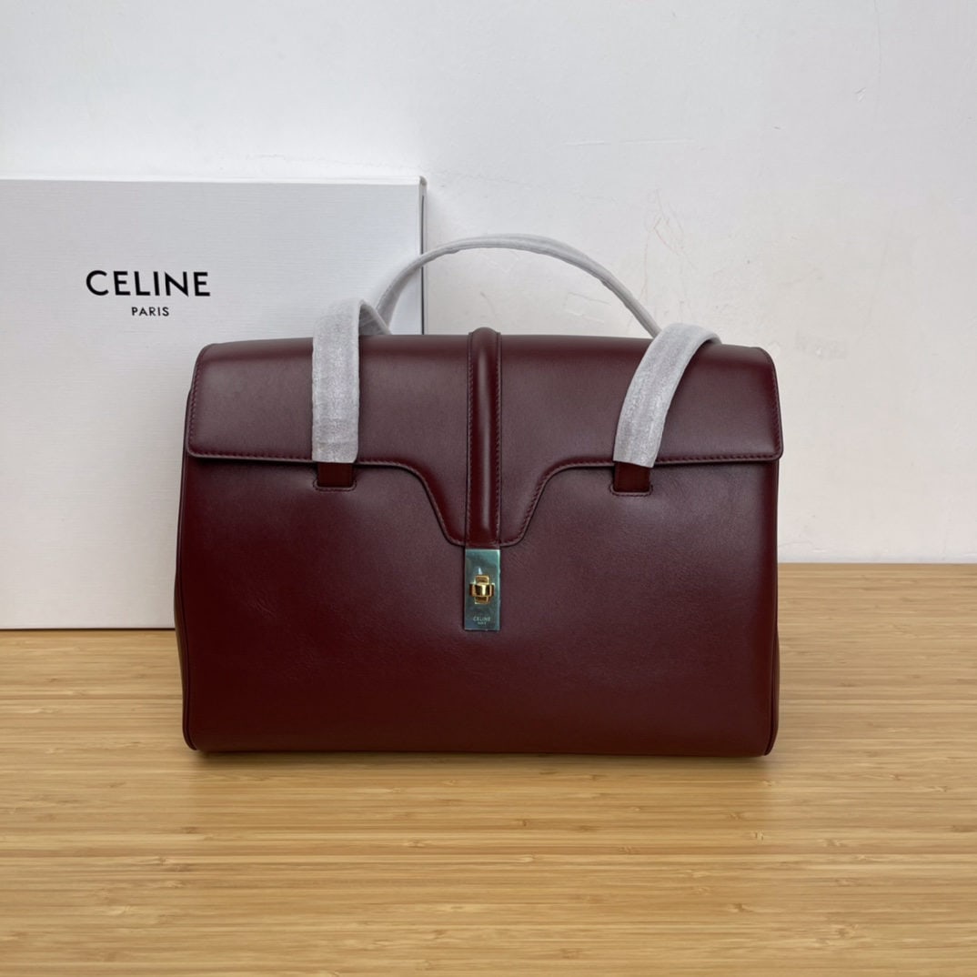 Celine: Soft16 Medium Smooth Calfskin Leather Handbag 13 x 9 x 6 inches (32 x 24 x 15 cm) Calfskin Leather Lining: Calfskin Leather Fabric Shoulder Bag with Turn lock Closure Interior Flat Pocket 2 Interior C