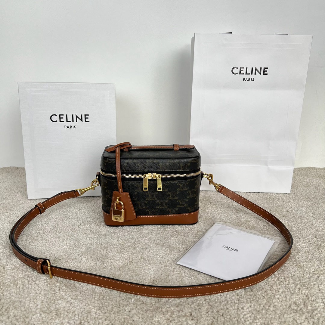 Celine: Logo print cowhide vanity case, measuring 18 x 12 x 18 cm, featuring the TRIOMPHE CANVAS logo print, cowhide leather trim, fabric lining, and gold finish finish. It has handles, a shoulder bag, and a