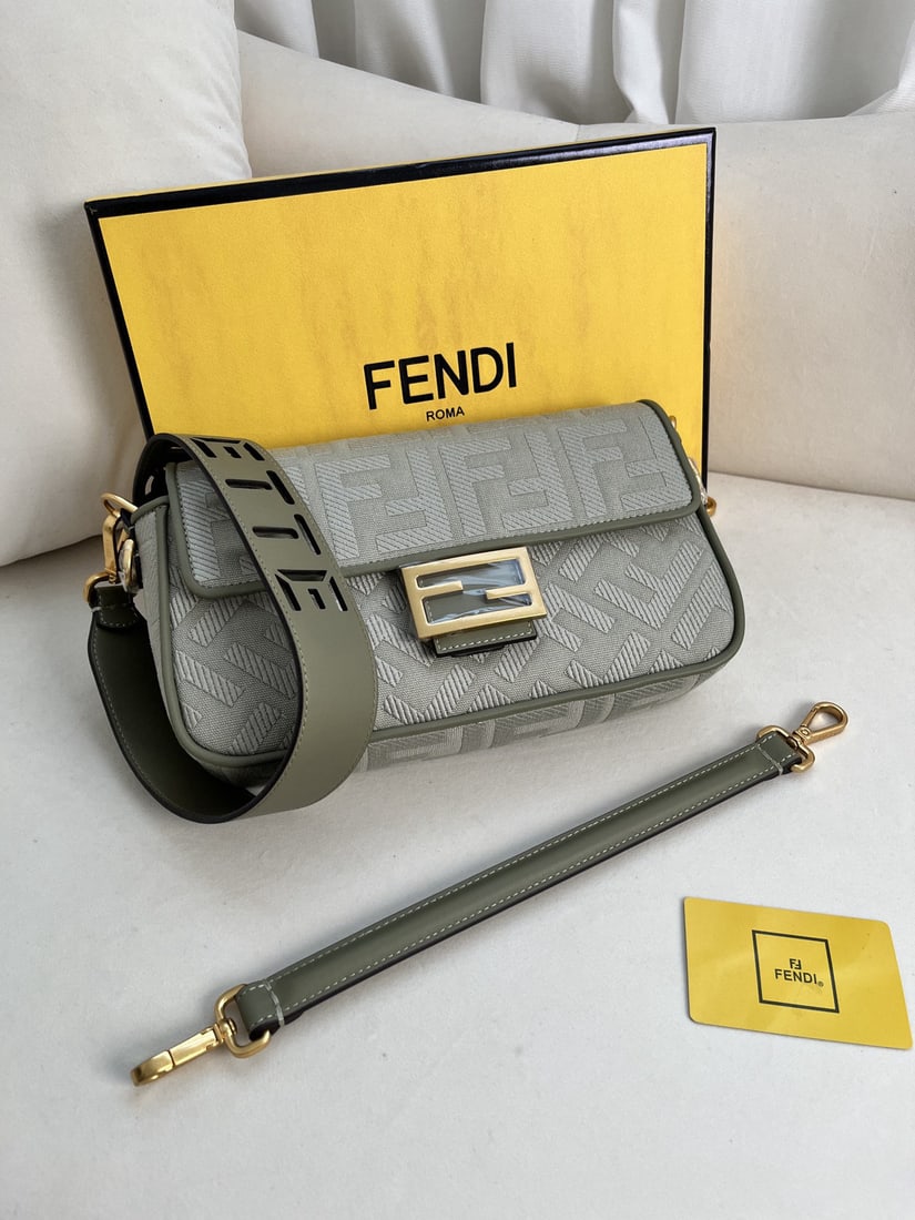 Fendi Baguette: This green FENDI Baguette bag is a classic and trendy piece, crafted from premium canvas using advanced techniques. The entire bag features exquisite double FF 3D embroidery, giving it an unparalleled