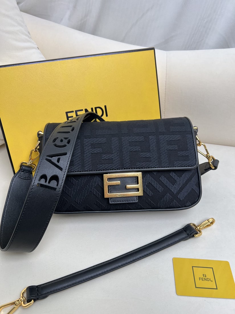 Fendi Baguette: This black FENDI Baguette bag is a classic and trendy piece, crafted from premium canvas using advanced techniques. The entire bag features exquisite double FF 3D embroidery, giving it an unparalleled