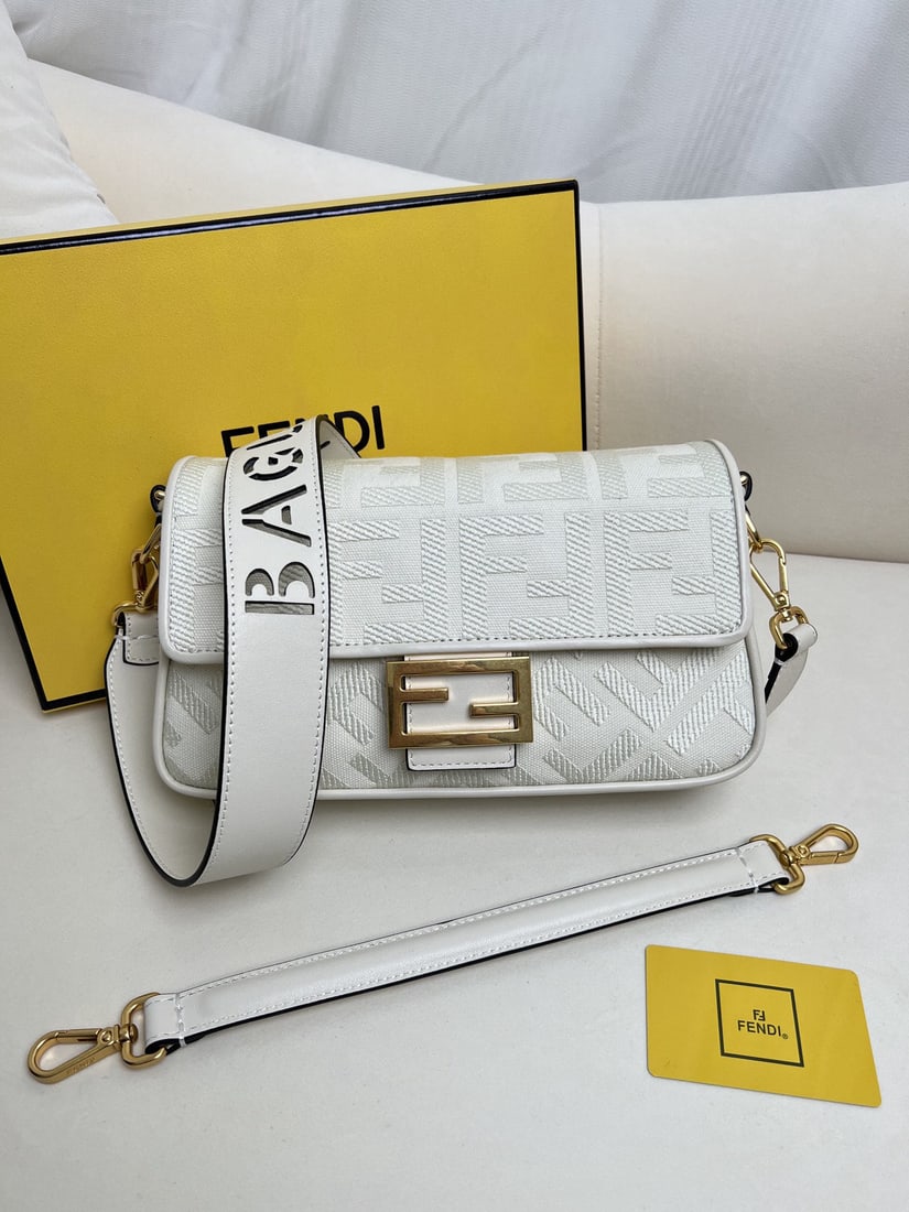 Fendi Baguette: This white FENDI Baguette bag is a classic and trendy piece, crafted from premium canvas using advanced techniques. The entire bag features exquisite double FF 3D embroidery, giving it an unparalleled