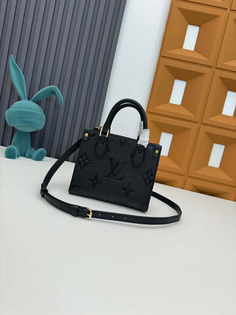 OnTheGo BB handbag: This mini tote bag, the OnTheGo BB, is made of Monogram Empreinte leather with an embossed Monogram pattern. It can hold a smartphone and a small wallet, and features a detachable and adjustable shoul