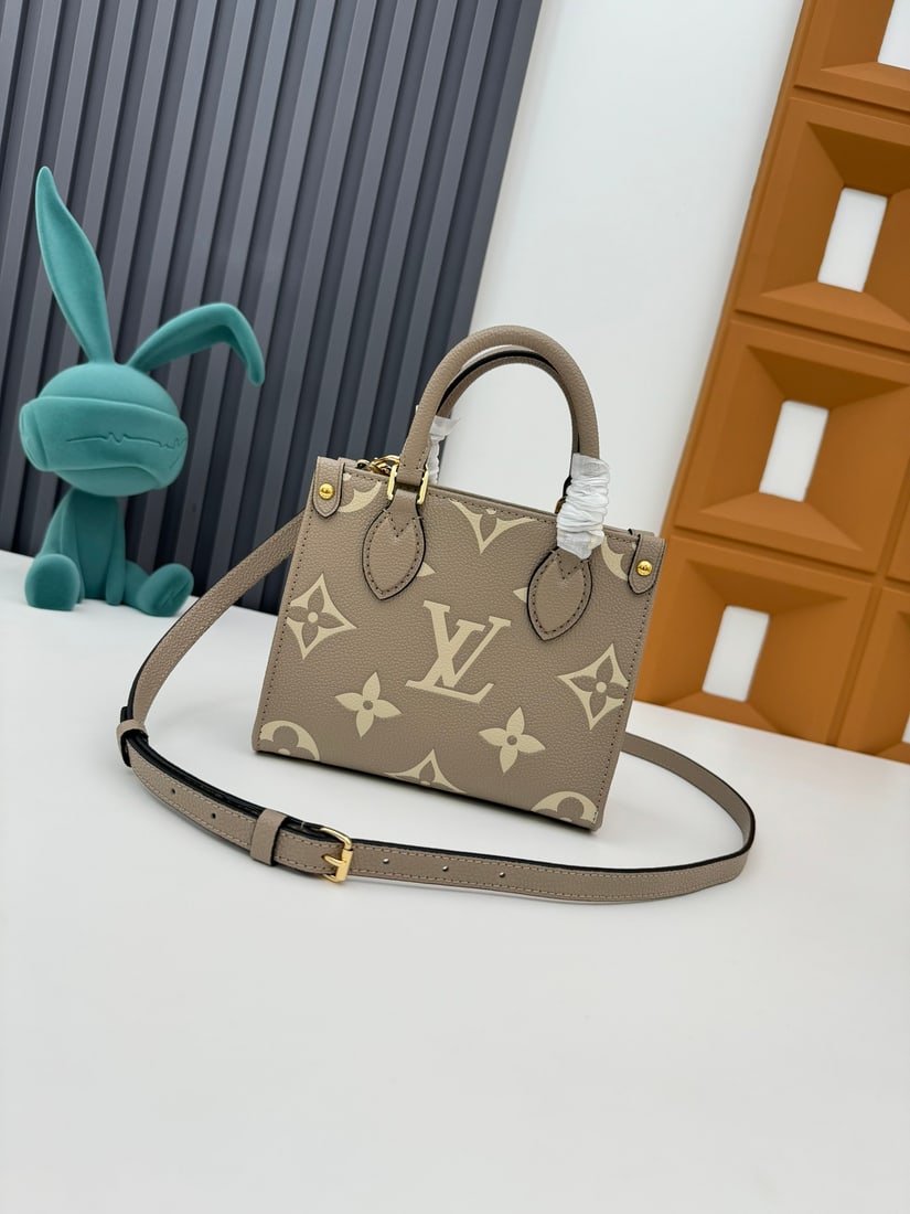OnTheGo BB handbag: This mini tote bag, the OnTheGo BB, is made of Monogram Empreinte leather with an embossed Monogram pattern. It can hold a smartphone and a small wallet, and features a detachable and adjustable shoul