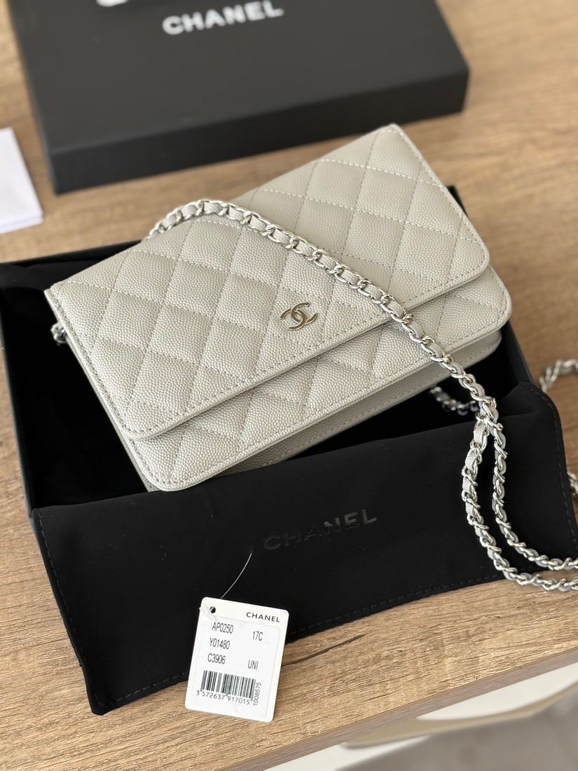 CHANEL: Entry level classic style (magnetic clasp). Classic design with a diamond pattern and leather threaded metal chain. Size: 19cm We offer FREE SHIPPING for both domestic and international clients.We
