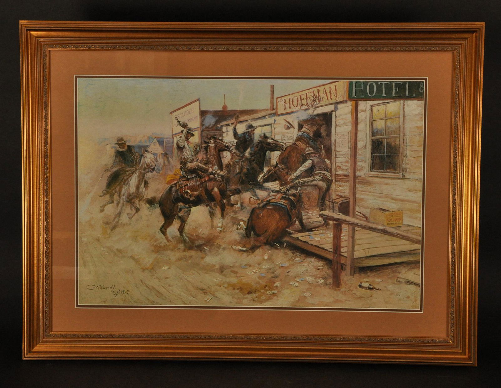 Framed Print: "Hoffman Hotel Shootout," signed by CM Russell, 1909. 29.5" x 39.5" frame. 20" x 28.75" image size. Expertly framed and matted.