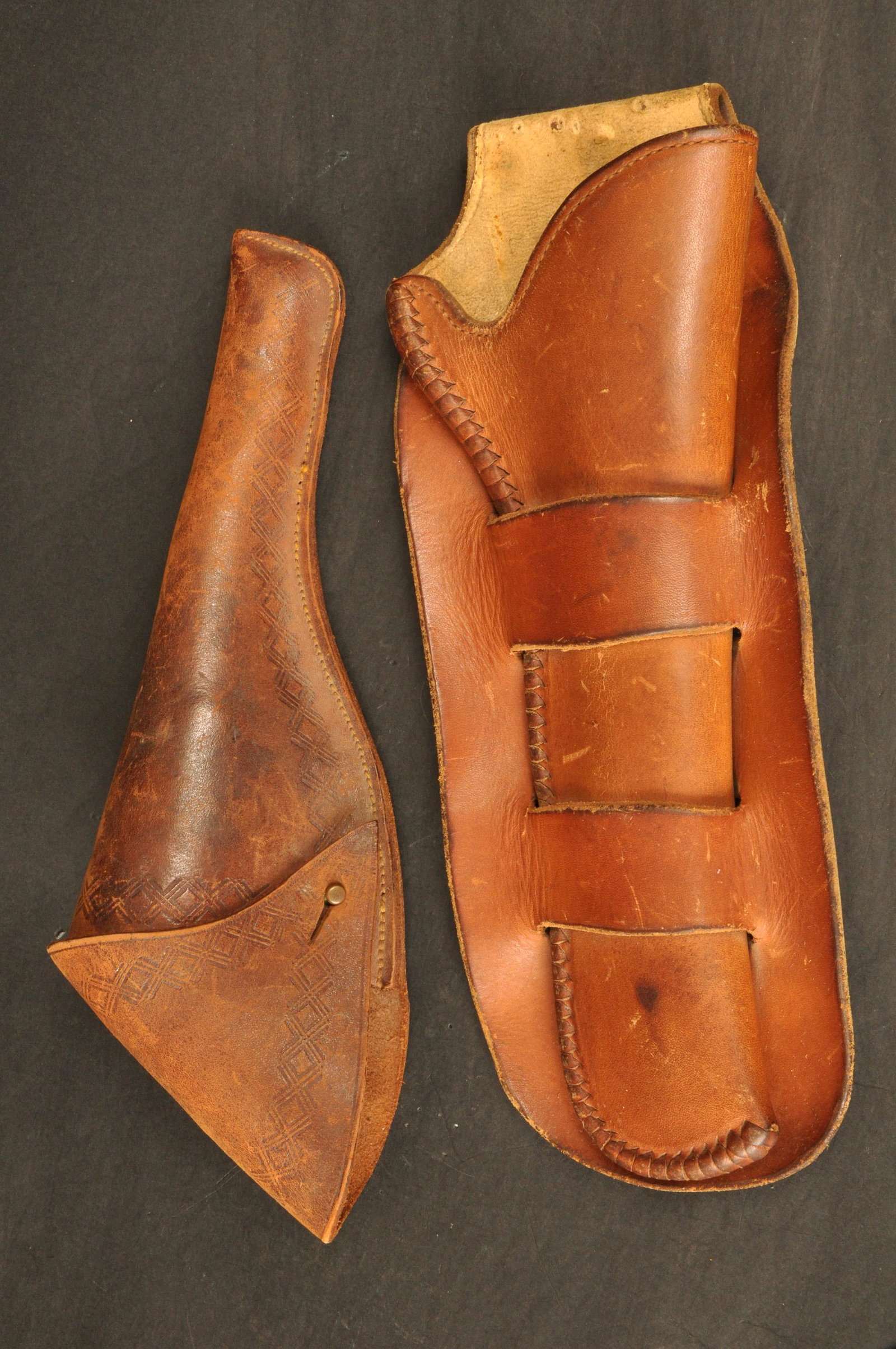 Holsters Lot of Two (2): Antique Slim Jim flap style for sm. frame Colt # 1086 32/6, Mexican dbl. loop by Lawrence # 150L. for 7.5" Colt. Lot of two (2).