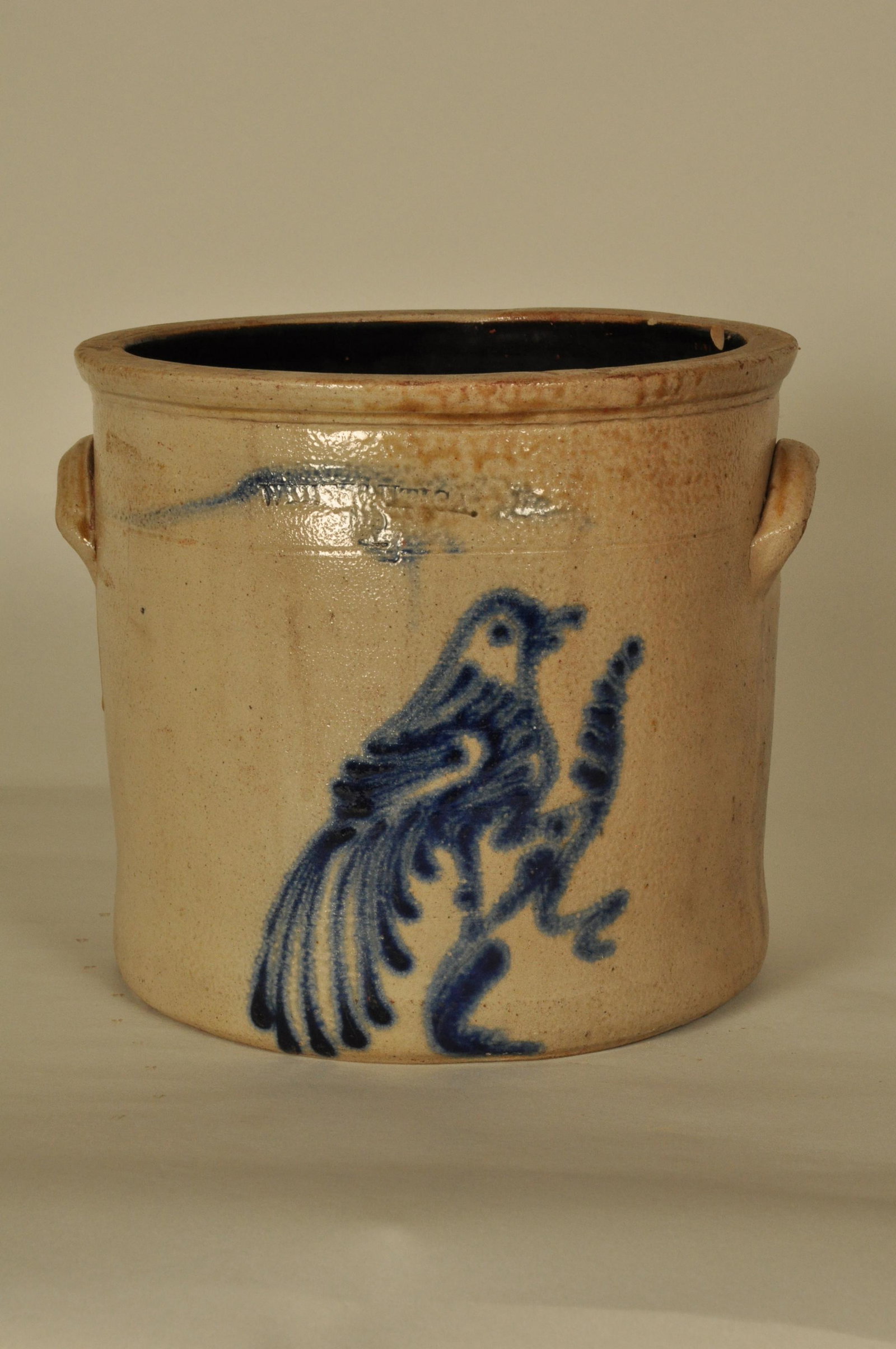 Blue Decorated Stoneware Crock: Incised "Whites Utica" 2 gal. Cobalt bird on a branch dec. 9.5 in. H x 10 in. dia.