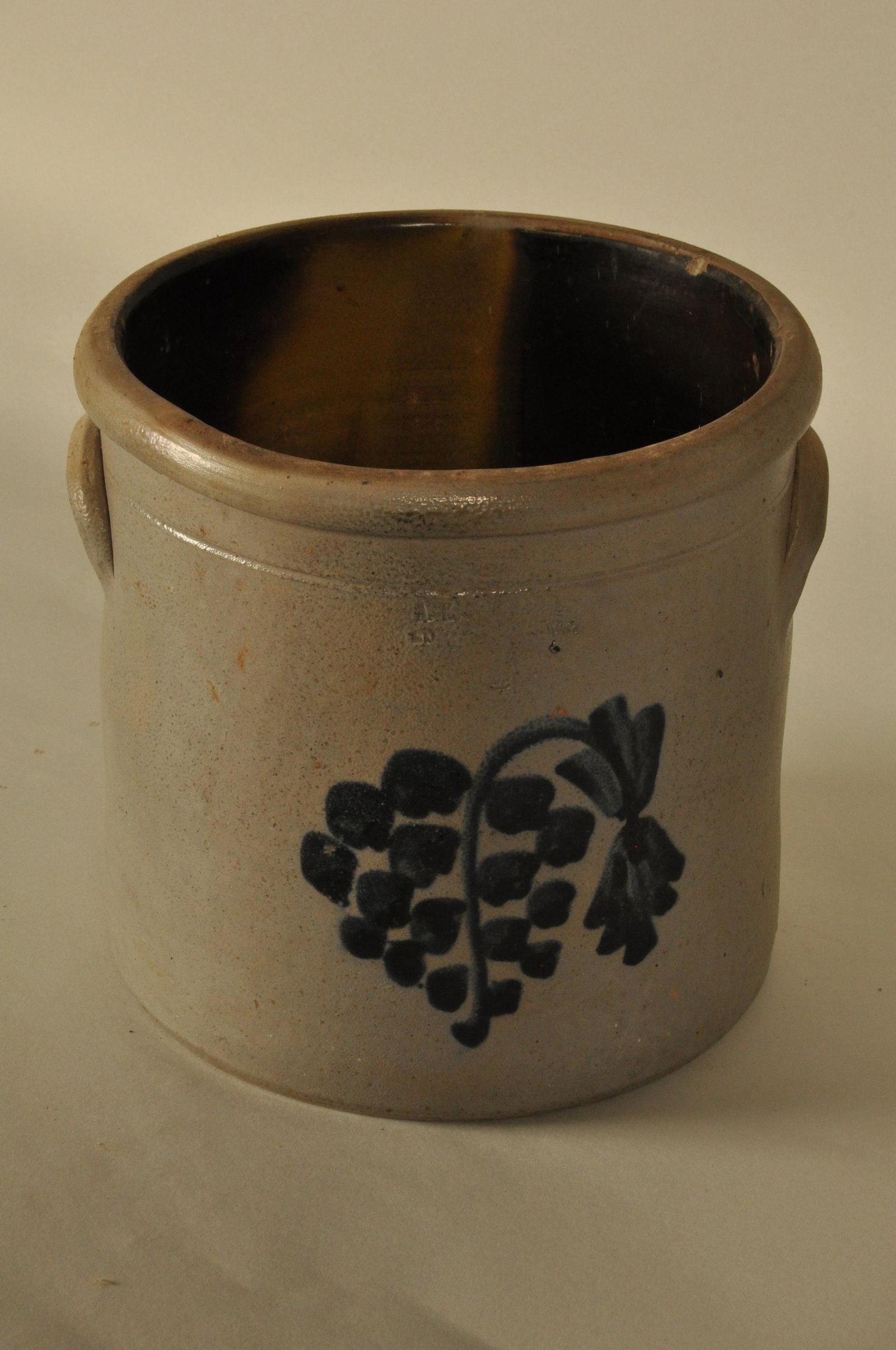 Blue Decorated Stoneware Crock: Incised "A.K. Ballard Burlington, VT #3" Cobalt grape dec. 10.5 in. H x 10.5 dia.