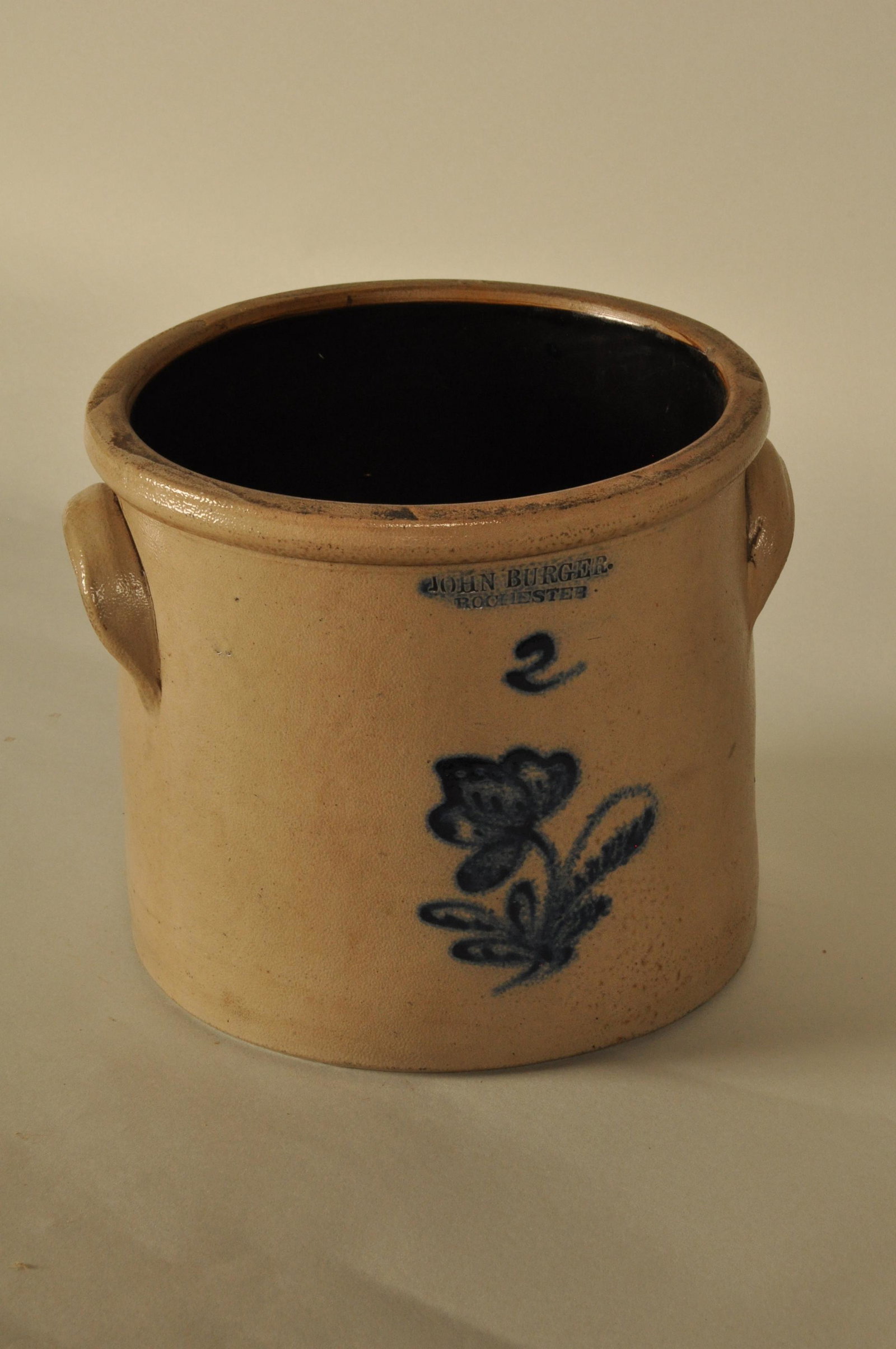 Blue Decorated Stoneware Crock: Incised "John Burger Rochester" Cobalt flower #2 dec. 9 in. H x 9 dia.