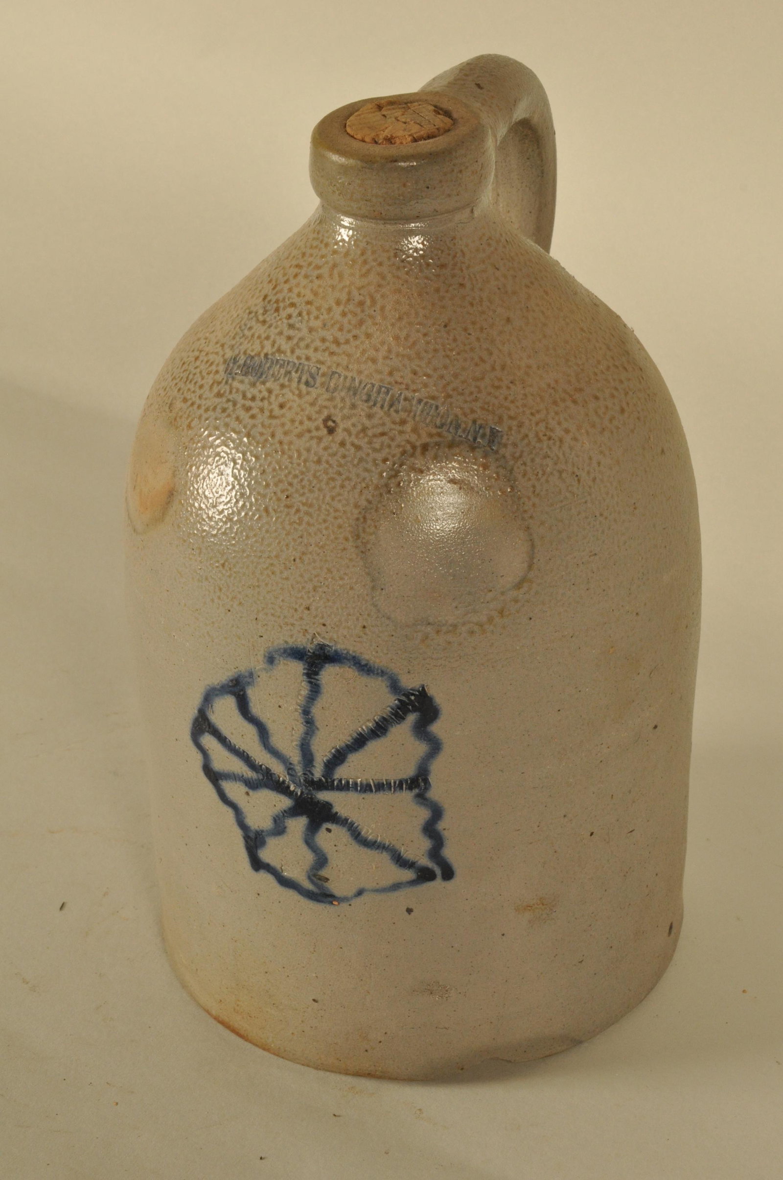 Blue Decorated Stoneware Jug: Incised "W. Roberts Binghamton, NY" Cobalt Sand Dollar dec. 11 in. H x 7 in. dia.