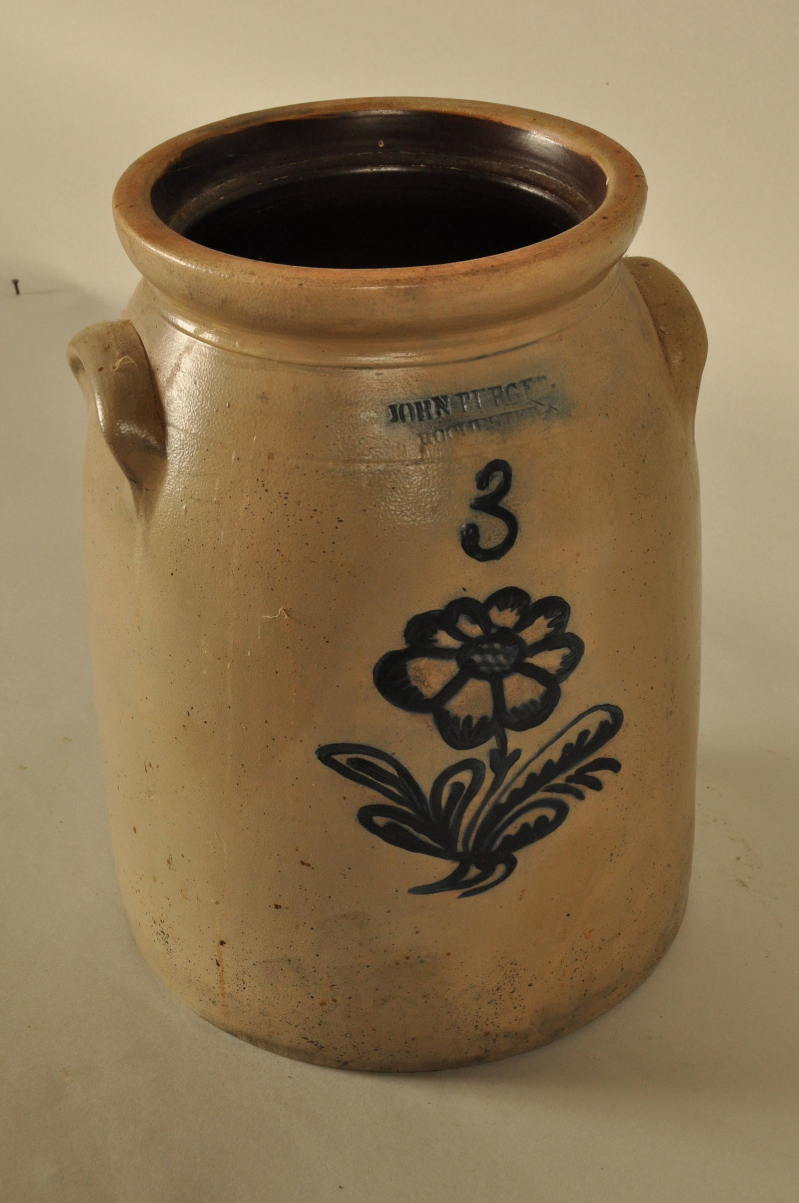 Blue Decorated Stoneware Batter Jar: Incised "John Burger Rochester" Cobalt daisy #3 dec. 12.5 in. H x 9.5 in. dia.