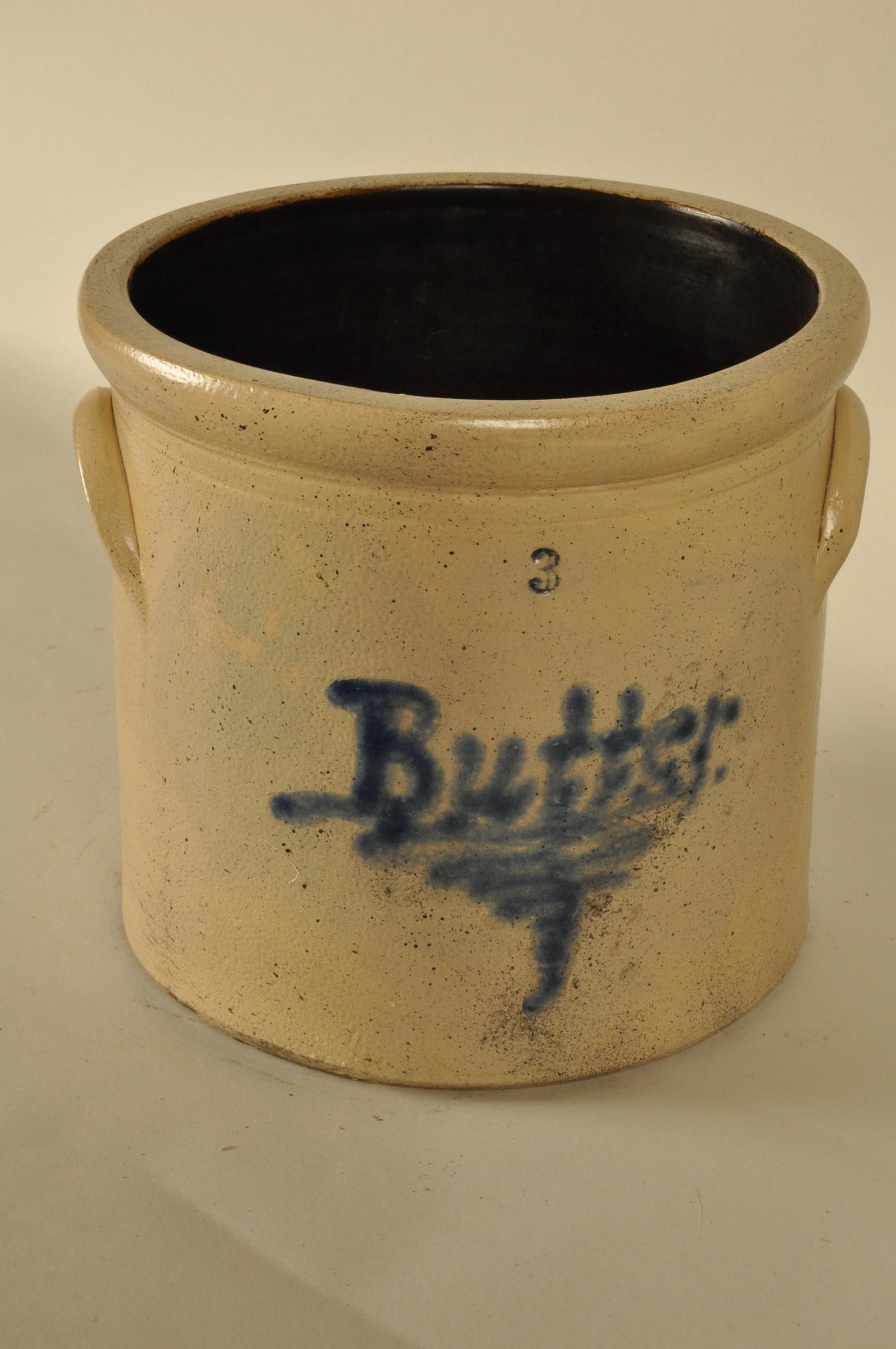 Blue Decorated Stoneware Crock: Incised "#3" Cobalt finger painted "Butter" 10.5 in. H. x 10 in. dia