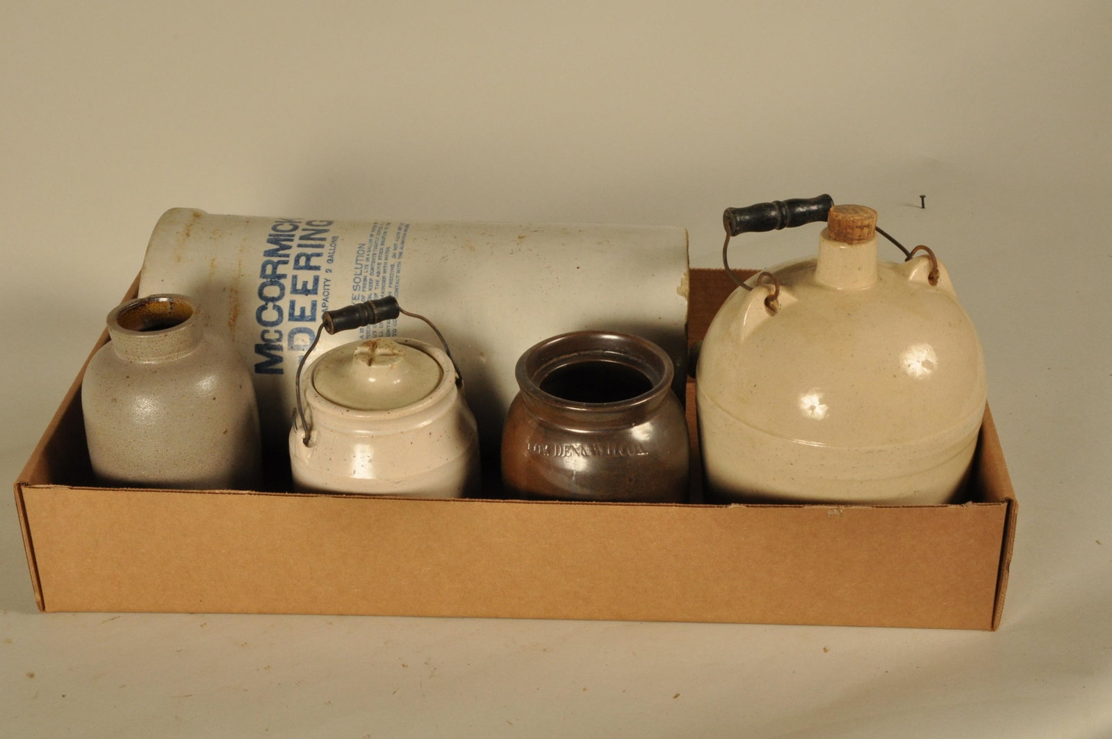 Box Lot of Misc. Stoneware: Five (5) asst. pcs: 1 McCormick Deering lye crock
