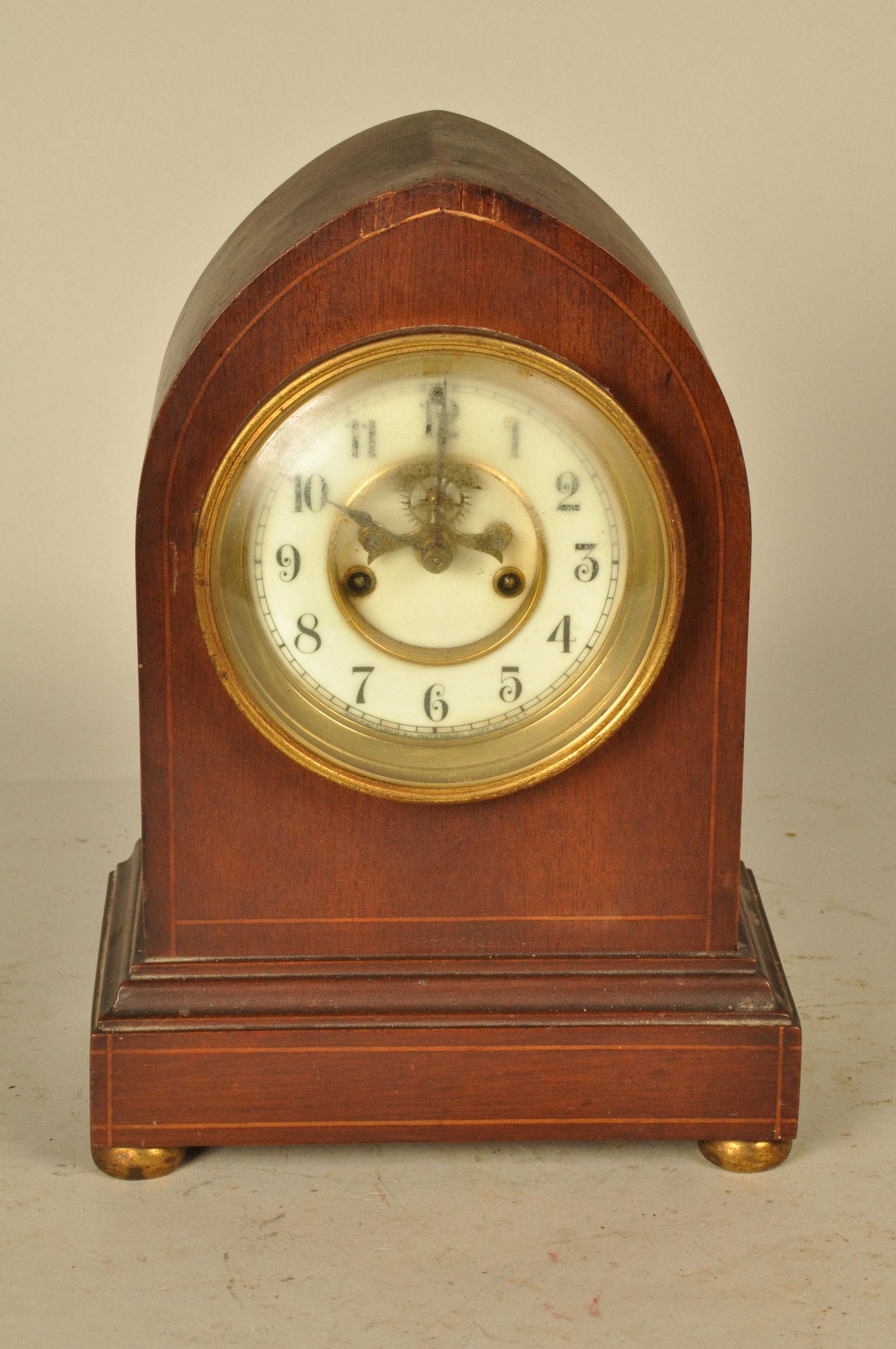shelf clock: Waterbury beehive shelf clock, porc.face 12.75" H x 9" W x 5" D