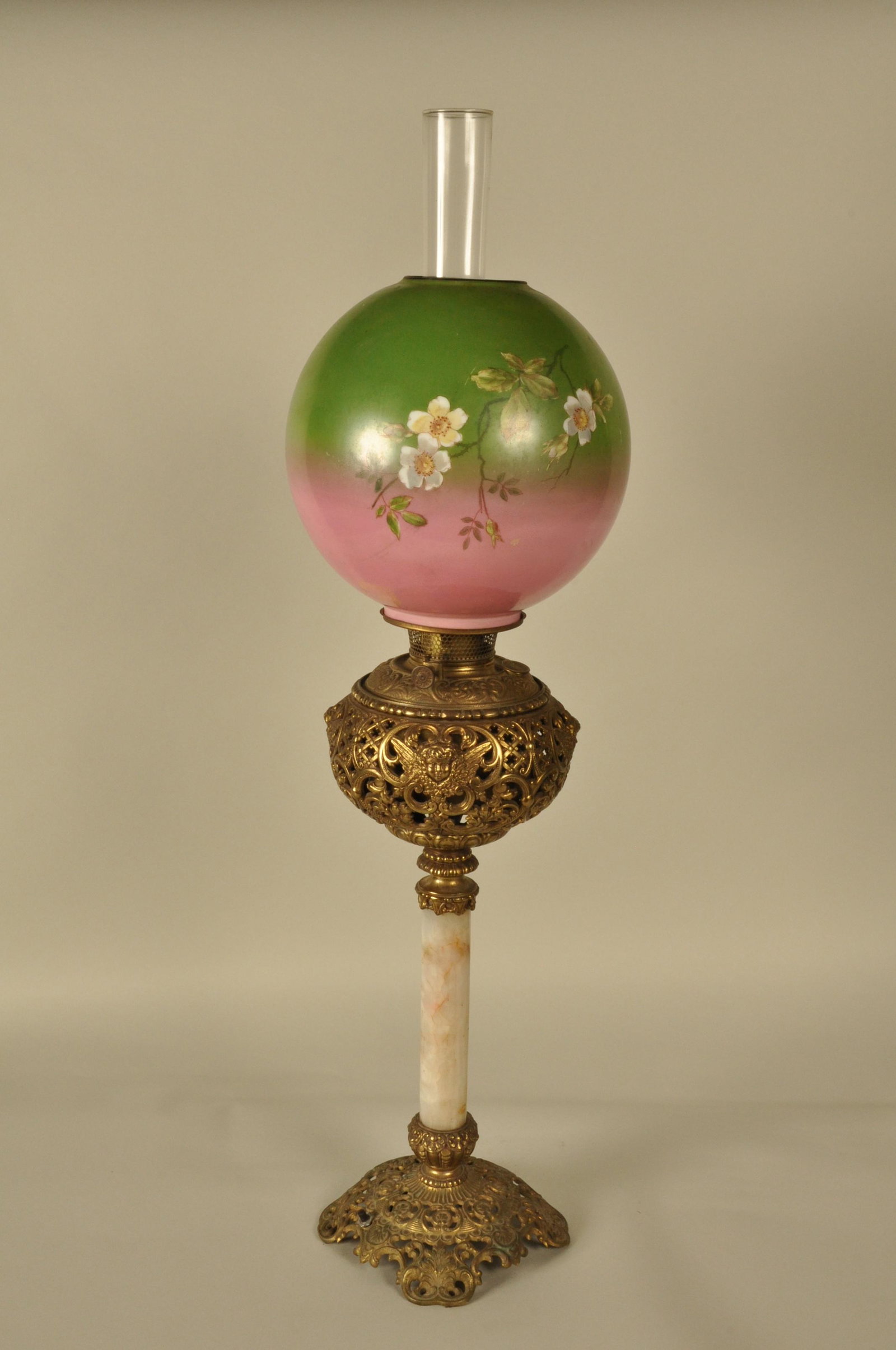 Oil lamp: Vict. Banquet lamp, floral ball shade, elec. 35" H