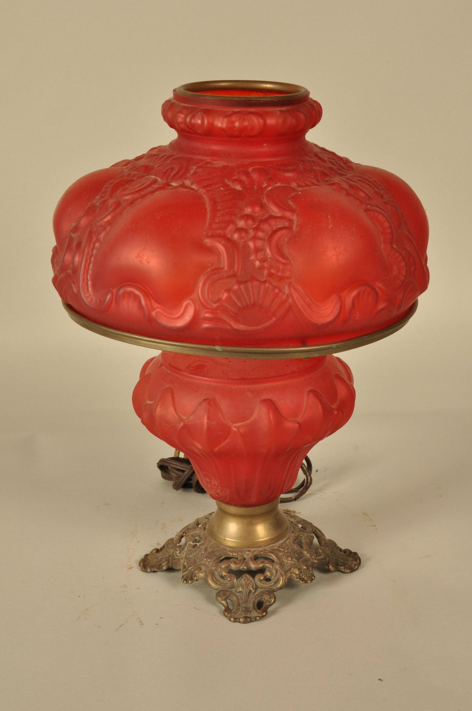 Oil lamp: Oil lamp, hurricane lamp, w satin glass, ( marriage ), elec. 16" H