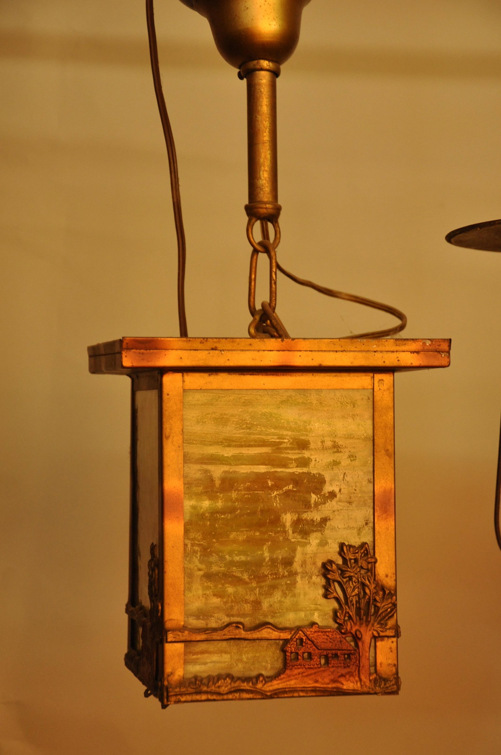 Hanging Lamp: Brass & Slag Glass Hall Fixture, 5.5" Sq.
