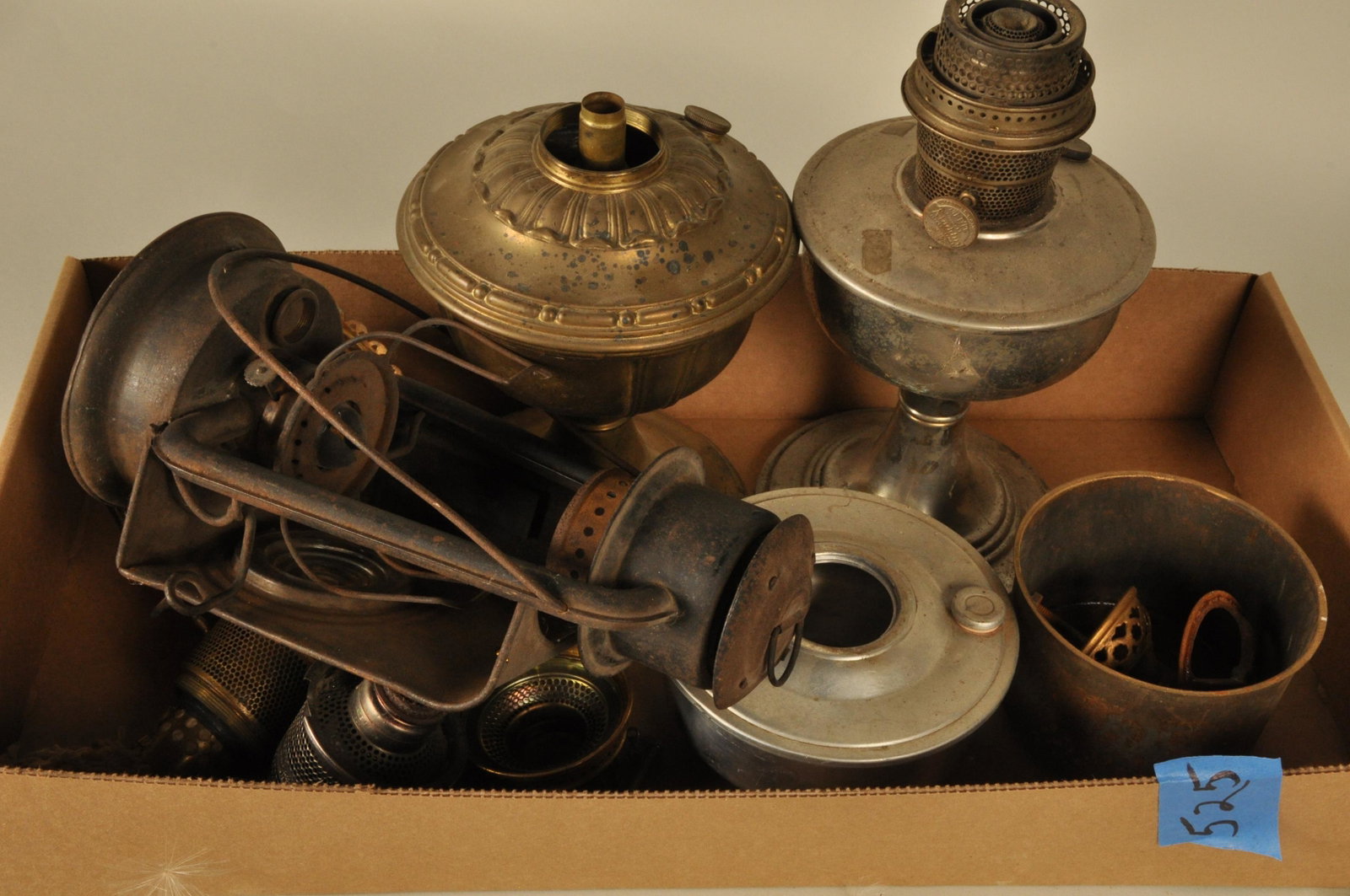 Box Lot Lamp Bases: Box Lot, 2 Oil Lamp Bases/ Misc. Burners & Parts