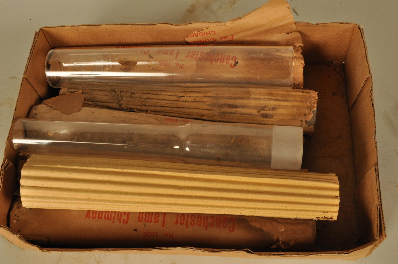 Box Lot of Chimneys: Box Lot: 8 Glass Student Lamp Chimneys, 15" h