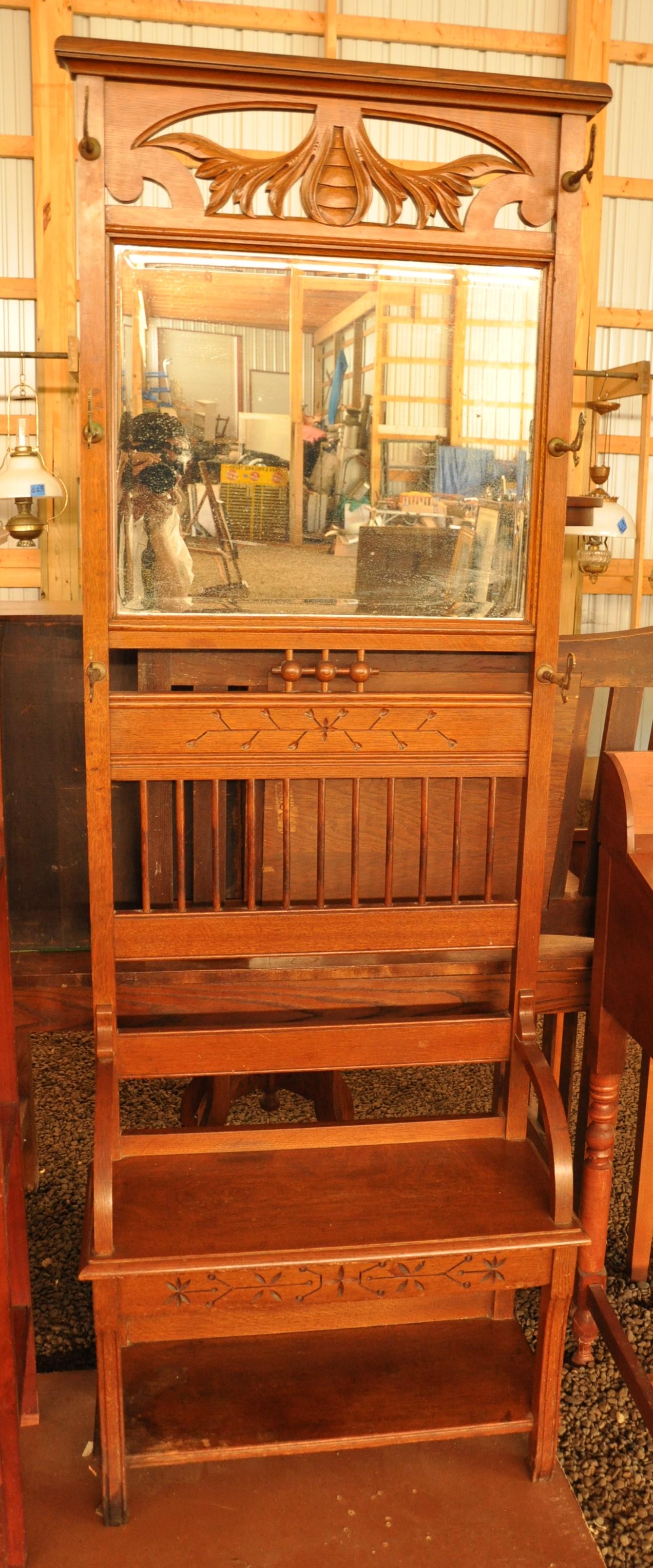 Hall Seat: Turn Of The Century Oak Hall Seat, Beveled Mirror 80" High, 28" Wide, 12" Deep