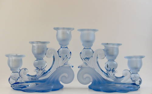 RARE MOONLIGHT CAPRICE DEPRESSION CANDELABRAS: A PAIR OF RARE CAPRICE DEPRESSION CANDLELABRAS with an ALPINE FROSTED TREATMENT. Made by the Cambridge Glass Co. of Cambridge Ohio, the pattern is Caprice. The color is Moonlight Blue. THANK YOU to th