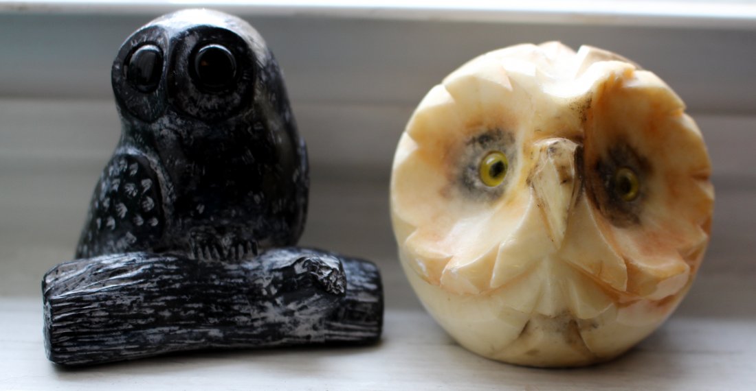 ARTISTS COLLECTION MARBLE AND SOAPSTONE OWLS: ARTISTS COLLECTION MARBLE AND SOAPSTONE OWLS. ONE MARBLE, ONE SOAPSTONE. The soapstone is a Wolf Original.
