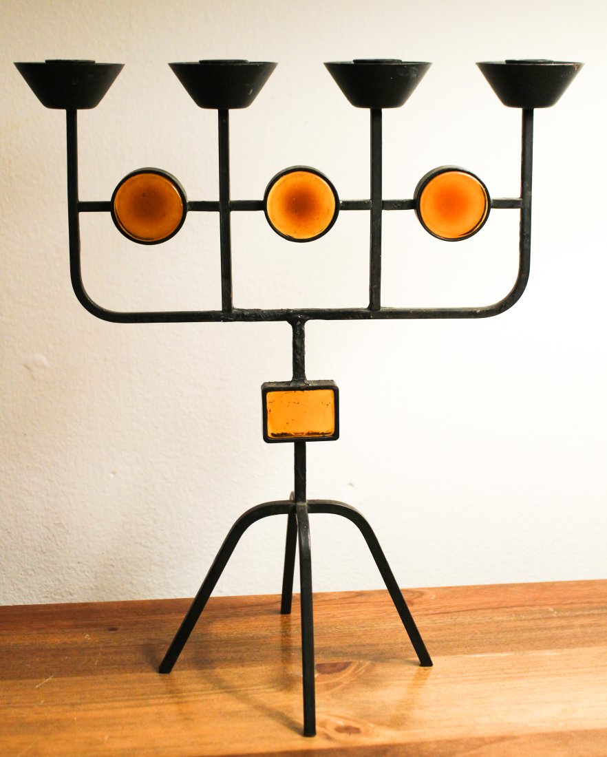 GUNNER ANDER CANDELABRAS PRODUCED BY YSTAD METALL: SECOND of 3- Swedish designer Gunnar Ander. 1950's Scandinavian Modern Design made of Glass and Iron. Scandinavian Modern (Of the Period) Period 1950-1959. Date of Manufacture1950s