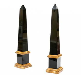 NEOCLASSICAL MARBLE AND GRANITE OBELISKS: NEOCLASSICAL MARBLE AND GRANITE OBELISKS. CLASSIC, REGAL AND STATUESQUE. Pair of Neoclassical marble and granite obelisks featuring sleek clean design. 5 1/2" x 5 1/2" x 27 1/2" (h)
