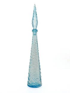 MID-CENTURY EMPOLI ITALIAN TALL BLUE GLASS GENIE DECANTER: Mid-Century Blue Empoli Glass Genie Decanter Bottle with Stopper, Italy, 1960sEmpoli Cased Glass became popular during the 1950's + 60's, when Empoli glass manufacturers moved away from the