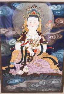 TIBETAN THANKGA OF SADAKSHARI LOKESHVARA: TIBETAN THANKGA OF SADAKSHARI LOKESHVARA with gold leaf painted beading.The central figure of this thangka is Shadakshari Lokeshvara, one of the forms of Bodhisattva Avalokiteshvara, believed to be th