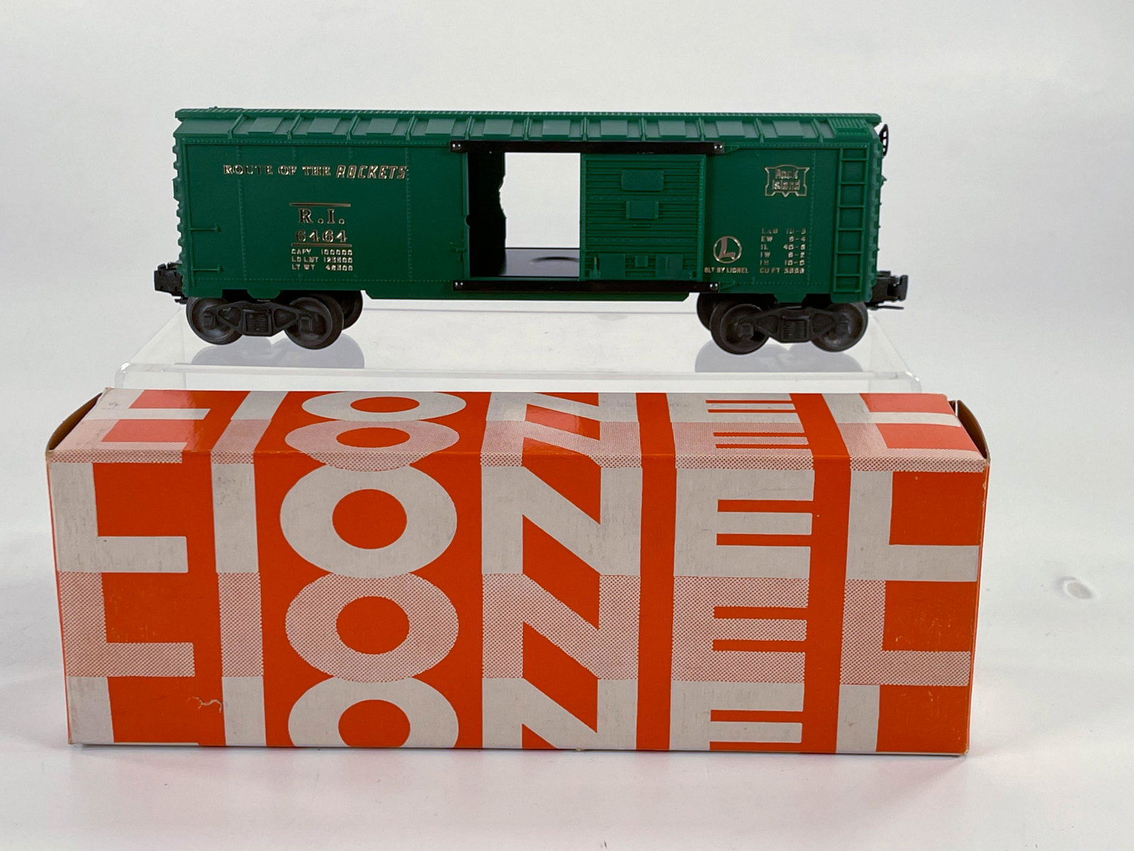 Lionel #6464-75 Rock Island Box Car, with Original Box: Lionel #6464-75 Rock Island Box Car, with Original Box and #6464-75 Box Car in C8 minus and original box showing some wear at one end with tape repair.
