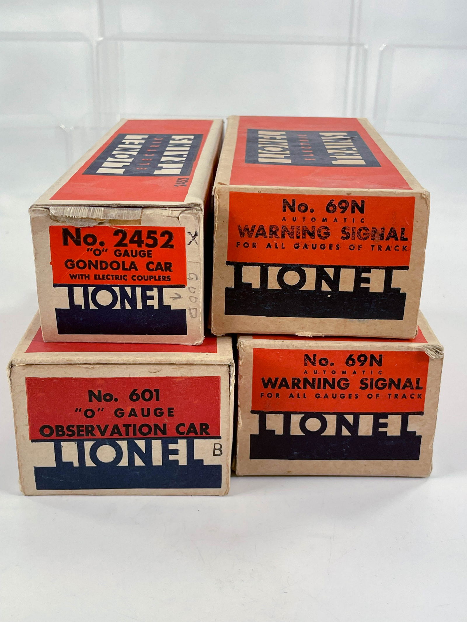 Lionel Prewar O Gauge Original Box Only for #601 Blue: Lionel Prewar O Gauge Original Box Only for #601 Blue Comet Observation Car, #2452X Gondola Car with Electric Couplers, #69N Warning Signal and #69N Warning Signal, with #2452X Original Box only inclu