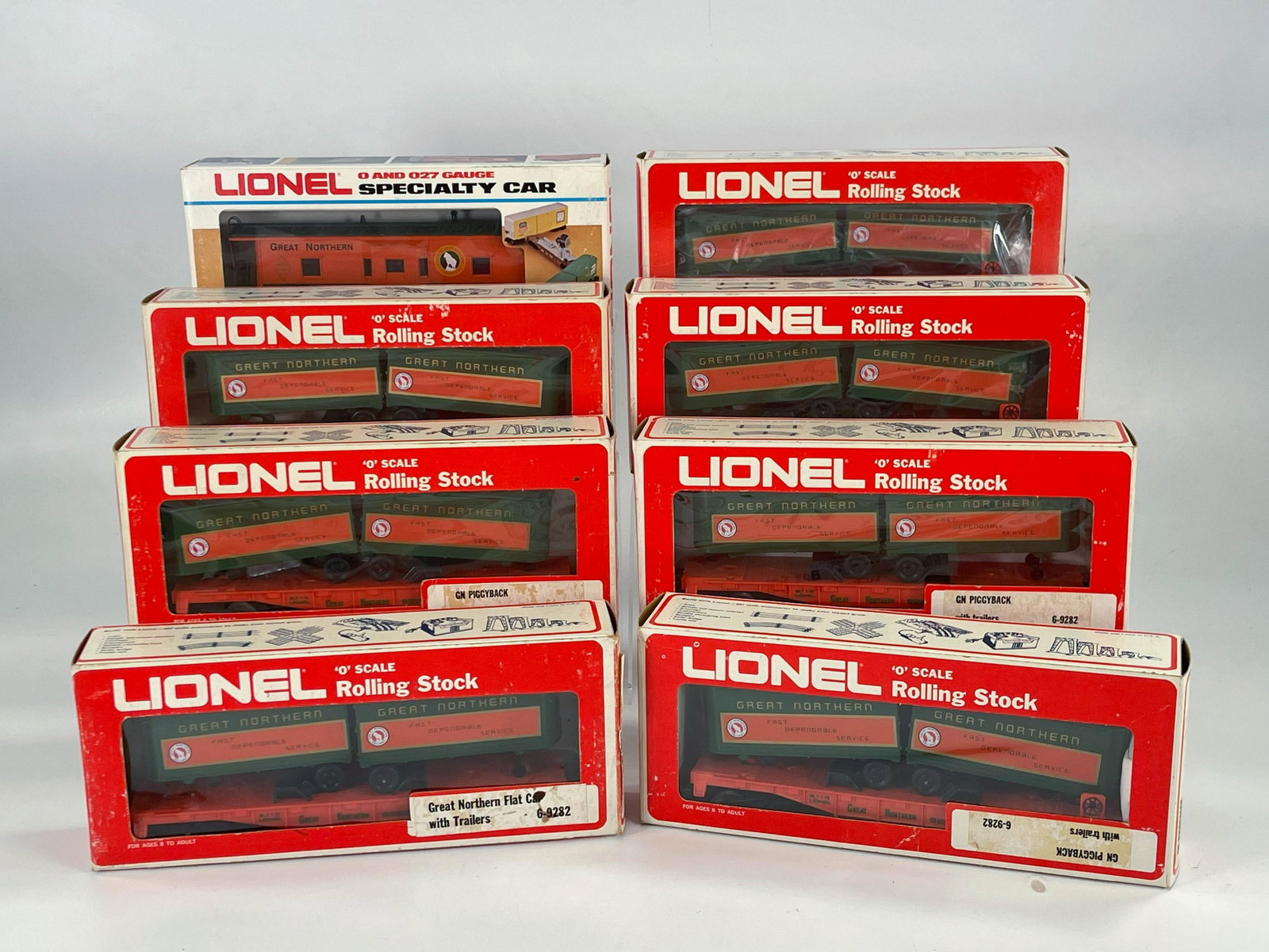 Lionel MPC Great Northern Flatcar with trailers x8 in: Lionel MPC Great Northern Flatcar with trailers x8 in original boxes each in C8.