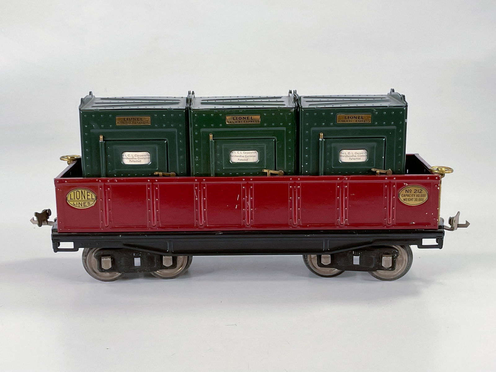 Lionel Prewar #212 maroon gondola with three #205 (1 of 6)