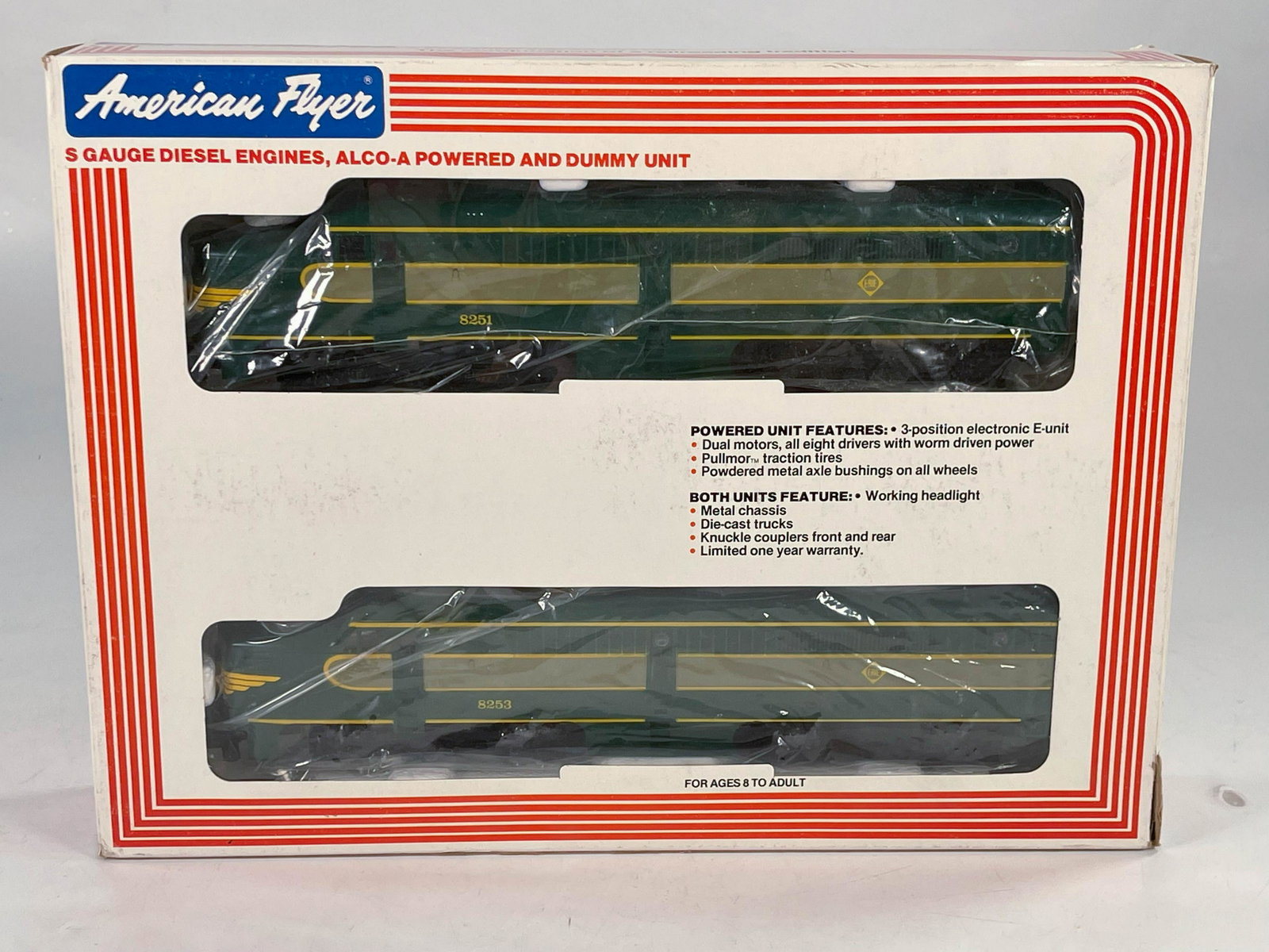 American Flyer S Gauge by Lionel Erie Alco "A" Diesel,: American Flyer S Gauge by Lionel Erie Alco "A" Diesel, Power and Dummy Units in Original Box, with the Erie Alco Units #4-8251 and in C8.