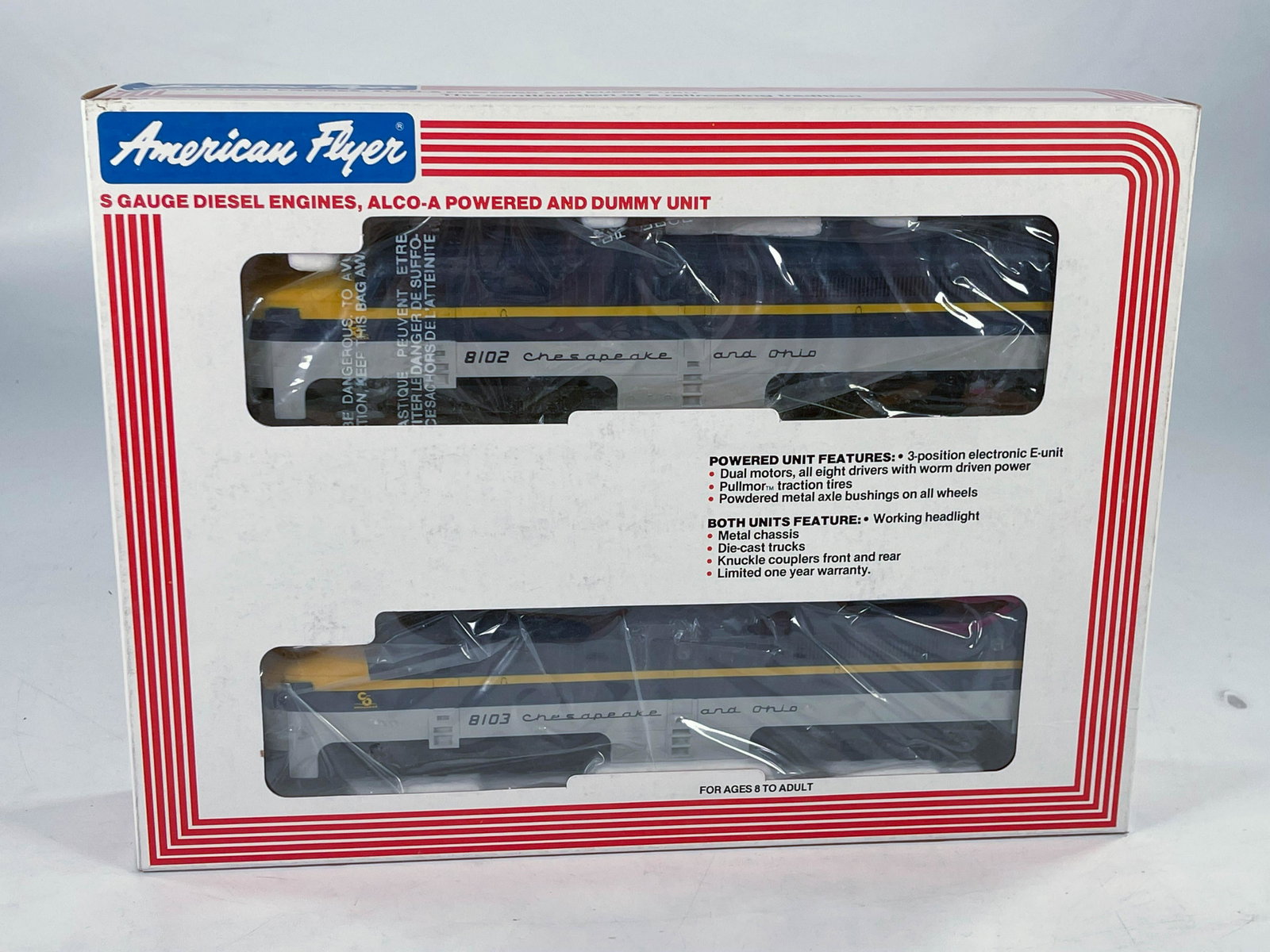 American Flyer S Gauge by Lionel Chesapeake & Ohio PA-1: American Flyer S Gauge by Lionel Chesapeake & Ohio PA-1 Diesel Locomotives in Original Box, with the Chesapeake & Ohio PA-1 #6-48102 and in C8.