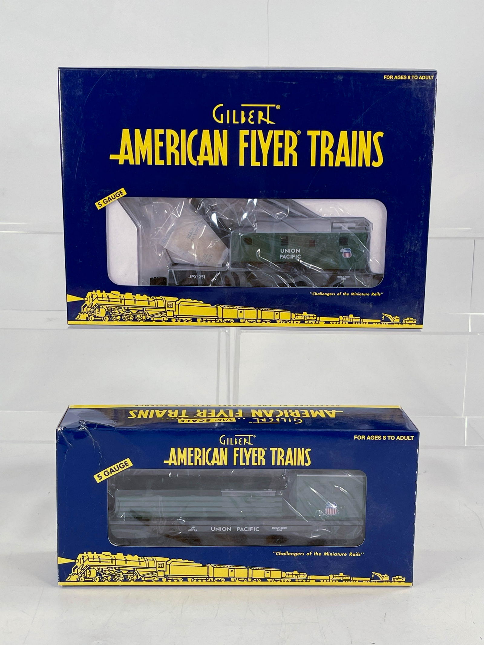 American Flyer S Gauge by Lionel Union Pacific Crane: American Flyer S Gauge by Lionel Union Pacific Crane Car and Union Pacific Boom Car in Original Boxes, with the Union Pacific Crane Car #6-49021 and Union Pacific Boom Car #6-48732, each in C8.