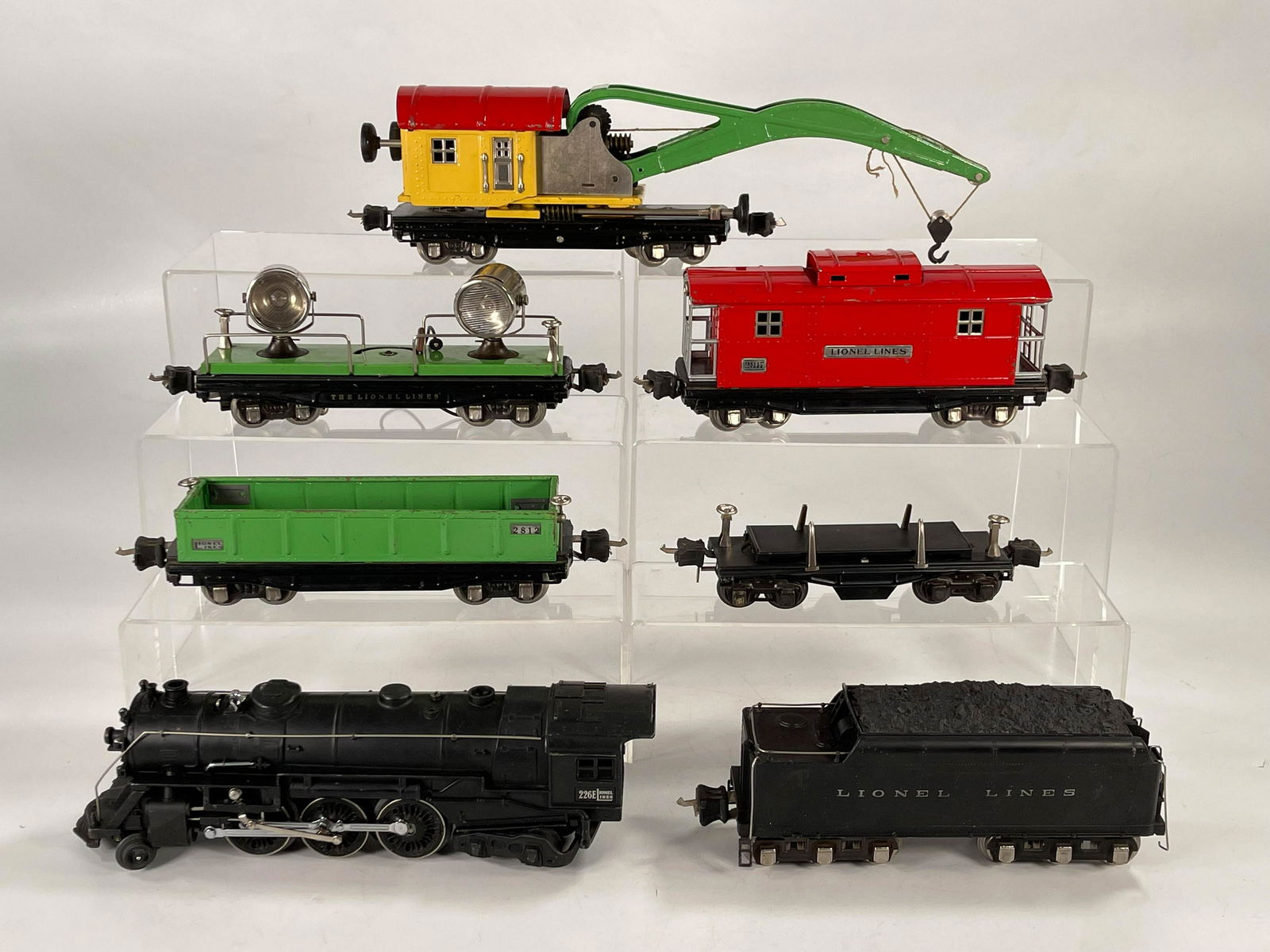 Lionel Prewar #226E Loco with #226W Tender and #2810: Lionel Prewar #226E Loco with #226W Tender and #2810 Crane, #2817 Caboose, #2820 Searchlight Car and #2812 Gondola, #3651 Operating Flat Car, with #226 Loco and Tender in C7, and the four freight cars