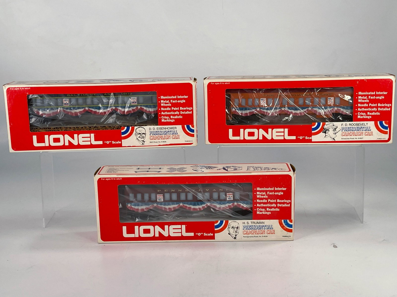 MPC Lionel O Gauge Presidential Campaign Car in: MPC Lionel O Gauge Presidential Campaign Car in Original Boxes X 3, with Truman Presidential Campaign Car, Eisenhower Campaign Car and Roosevelt Presidential Campaign Car, all in Original Boxes and in