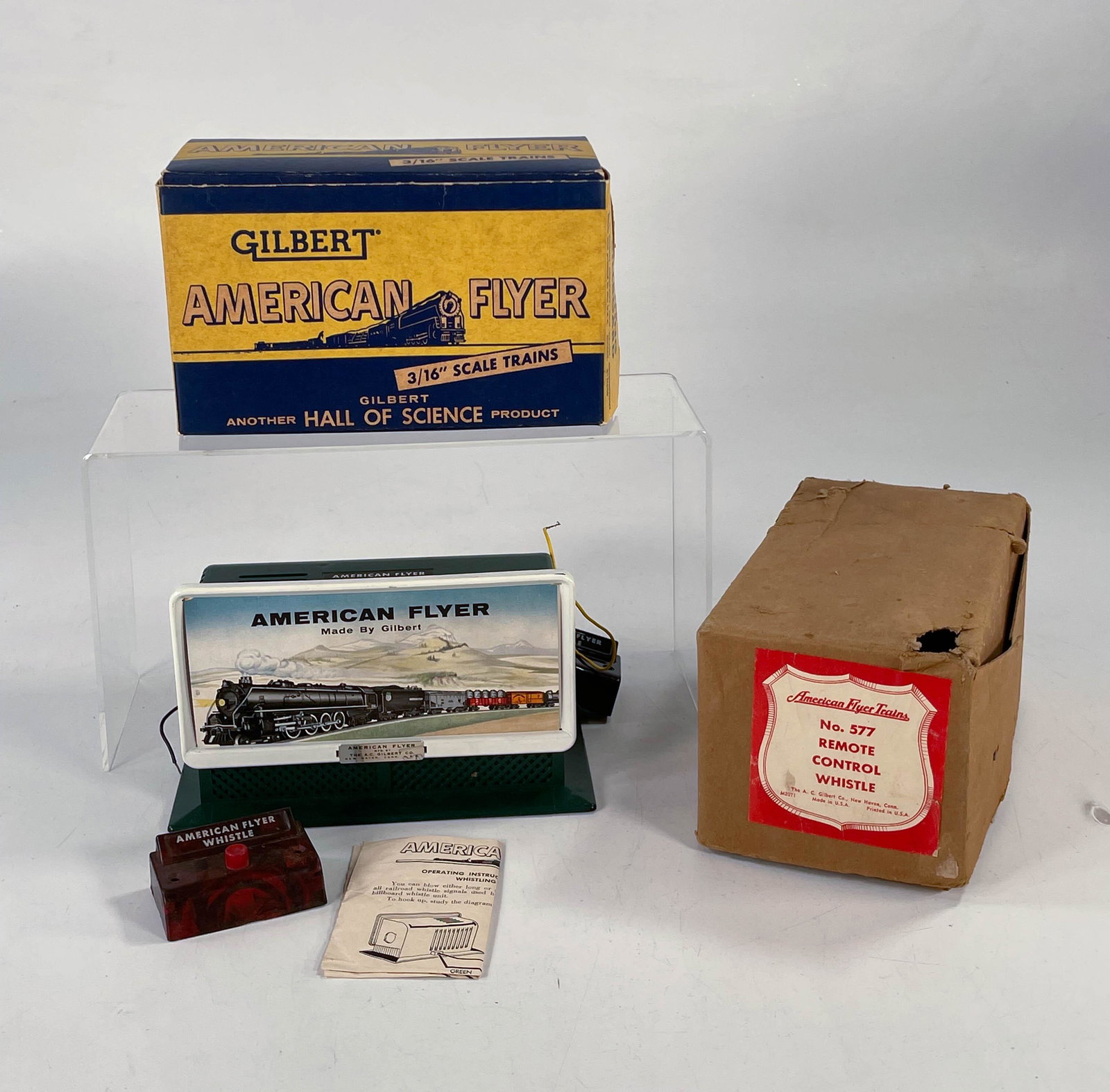 American S Gauge by Gilbert #577 Remote Control Whistle: American S Gauge by Gilbert #577 Remote Control Whistle with Original Box and #568 Whistling Billboard in Original Box, with the #577 Ringling Brothers Circus Board, lighted and in C5 and the #568 Whi