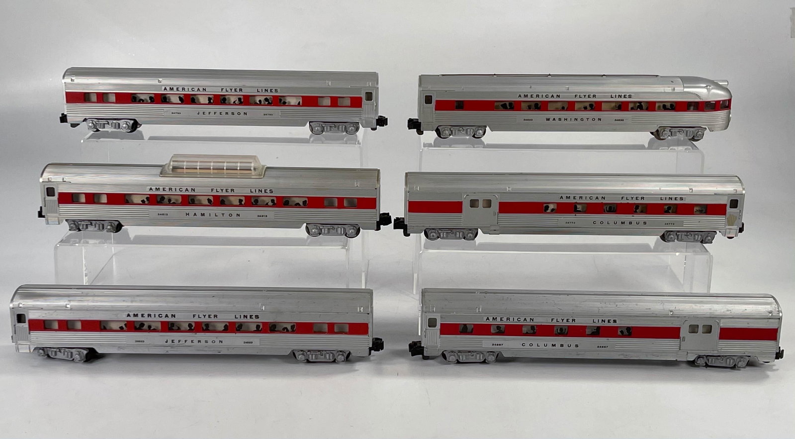 American Flyer S Gauge by Gilbert Red Stripe Passenger: American Flyer S Gauge by Gilbert Red Stripe Passenger Cars, including #24773, #24869, #24867, #24793, #24833 and #24813, with all six passenger cars grading in C6 overall.