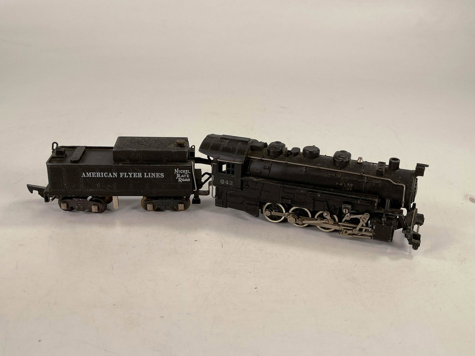 American Flyer S Gauge by Gilbert #342 Nickel Plate: American Flyer S Gauge by Gilbert #342 Nickel Plate Road Locomotive and Tender, in overall C7 minus.